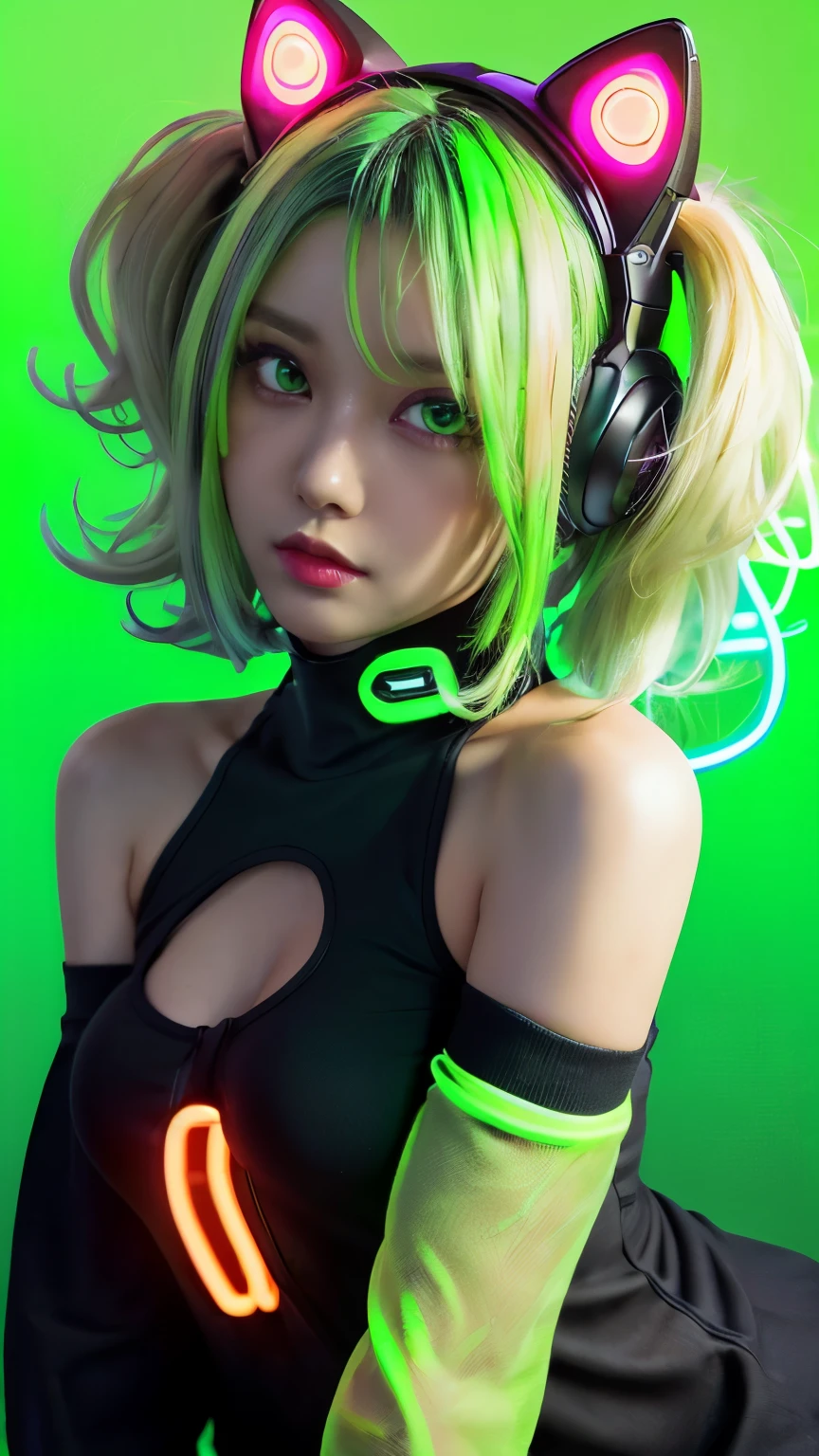 masterpiece, highest quality, 4K, Realistic, Bokeh, Awareness-raising,1 perfect portrait of a girl, (A fascinating eye for perfect detail:1.2), Colorful Hair, (Gradient Hair), (Neon Yellow Hair:1.6), (headphone:1.2), Fantasy Background, Slim figure, (Exposed bare shoulders and cleavage), (Long-term alienation sleeve), (Lean forward slightly), ((Big Breasts:1.4)), (Side boo boo:1.4), Tilt your head, Cinema Lighting, (Oversized clothing:1.4), (Seductive pose:1.4), (Neon Yellow Background:1.6), green beautiful eyes, close, (Photo taken with a 200mm telephoto lens from diagonally above and behind the vehicle.), Shallow subject depth,