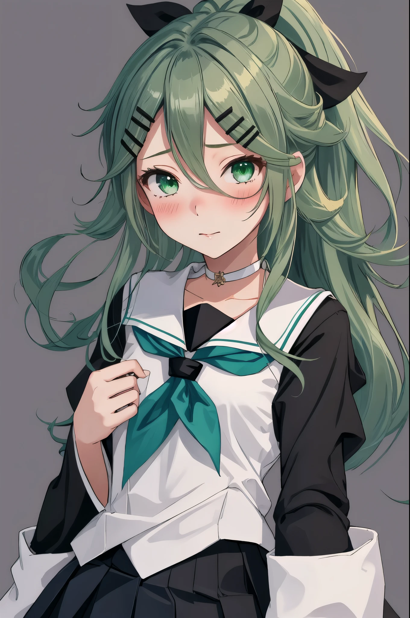 highest quality, masterpiece, High resolution, 一人in, {mountain wind_Fleet Collection:1.15}, green_hair, hair_between_eye, length_hair, hair_ornament, hairclip, ribbon, hair_ribbon, ponytail, black_ribbon, blush, serafuku, green_eye, green_eye, 1 girl, School_uniform, simple_background, 教室background, separated_sleeve, looking for_in_viewer, neckerchief, green_neckerchief, black_serafuku, choker, 前hair, side lock, full body figure