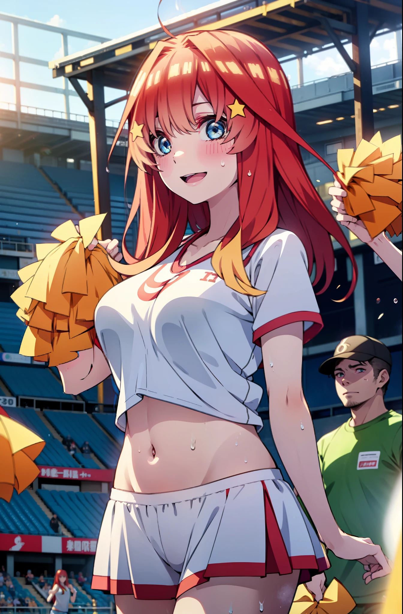 itsukinakano, itsuki nakano, bangs, blue eyes, hair between eyes, Ahoge, redhead, star \(symbol\), happy smile, smile, open your mouth,hair ornaments, star hair ornaments,(cheer leading), (whole body), big breasts, lower, (sweaty), sweaty Wet Clothes, (yellow clothes), , Navel support, playground, (jump), (jump), 足を曲げてjumpする, air, blue sky, Grass原, Smiling Cheerleader, pom pom \(cheer leading\), Grass,
break outdoors, stadium,
break looking at viewer, (cowboy shot:1.5),
break (masterpiece:1.2), highest quality, High resolution, unity 8k wallpaper, (figure:0.8), (detailed and beautiful eyes:1.6), highly detailed face, perfect lighting, Very detailed CG, (perfect hands, perfect anatomy),