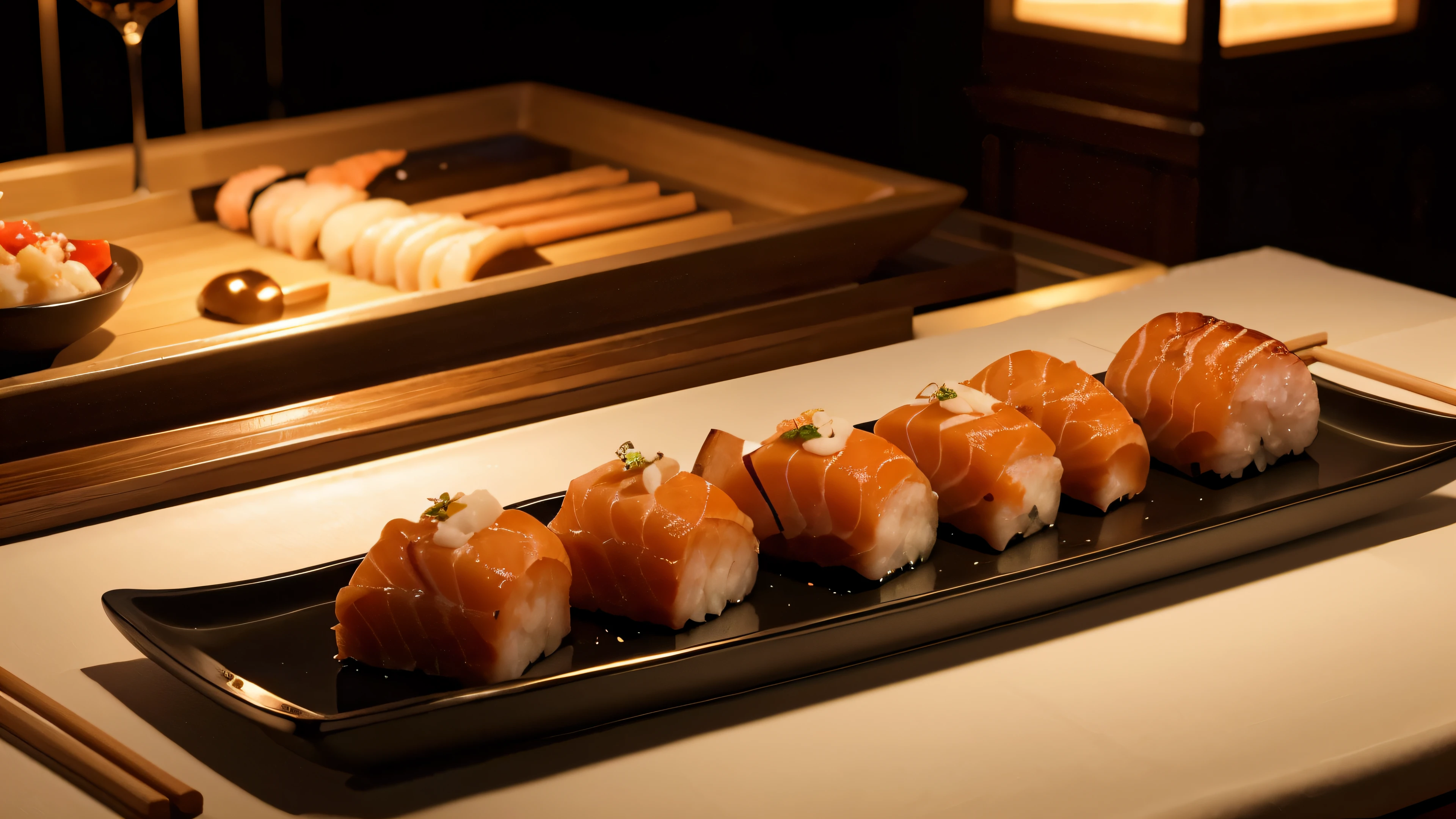 close up shot of salmon nigiri dish served with chopsticks in a luxurious restaurant, chopsticks next to the plate, high contrast, mood lighting, cinematic, 8k render, photorealistic, luxury, beautiful, chopsticks, black plate