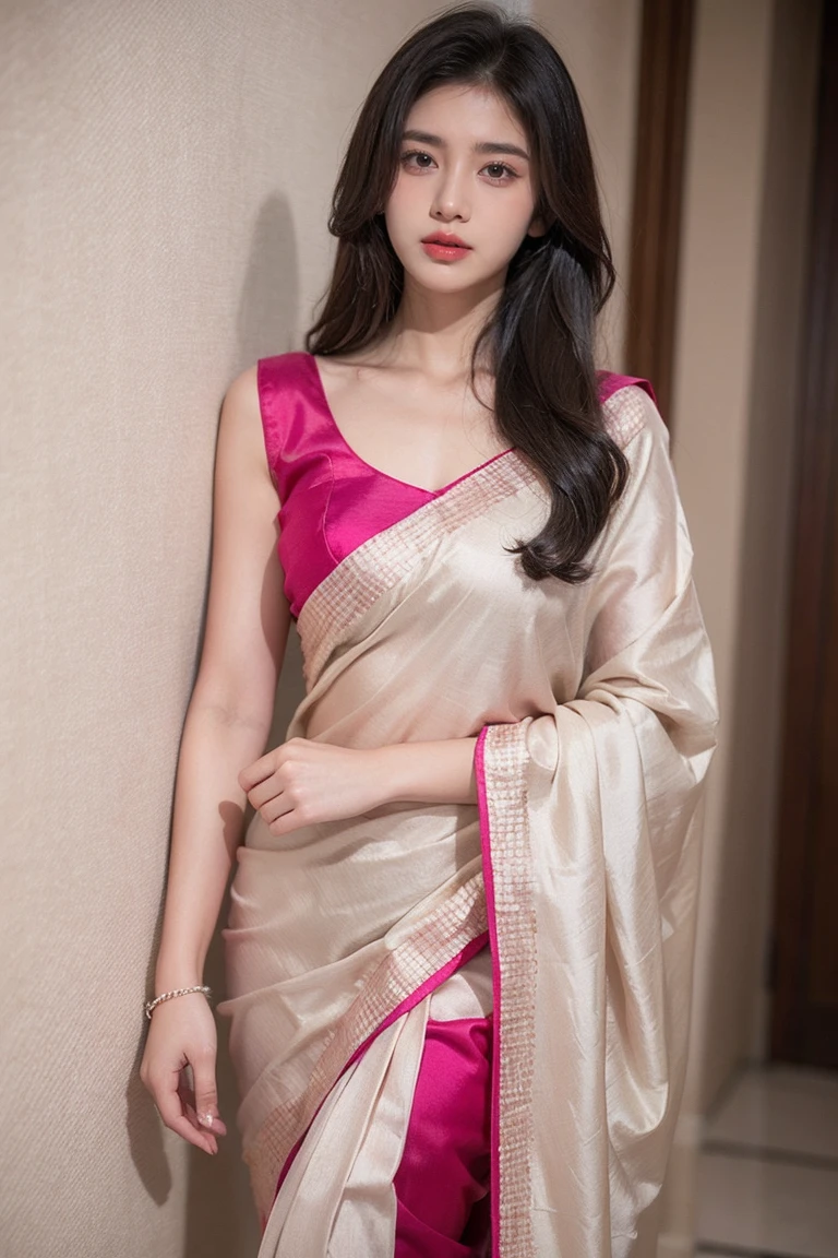 Magenta appliqued silk saree with beige and salmon pink embroidery. Comes with matching unstitched blouse piece attached at the end of saree. Blouse shown in the photo is a styling suggestion, it is not a part of the actual product