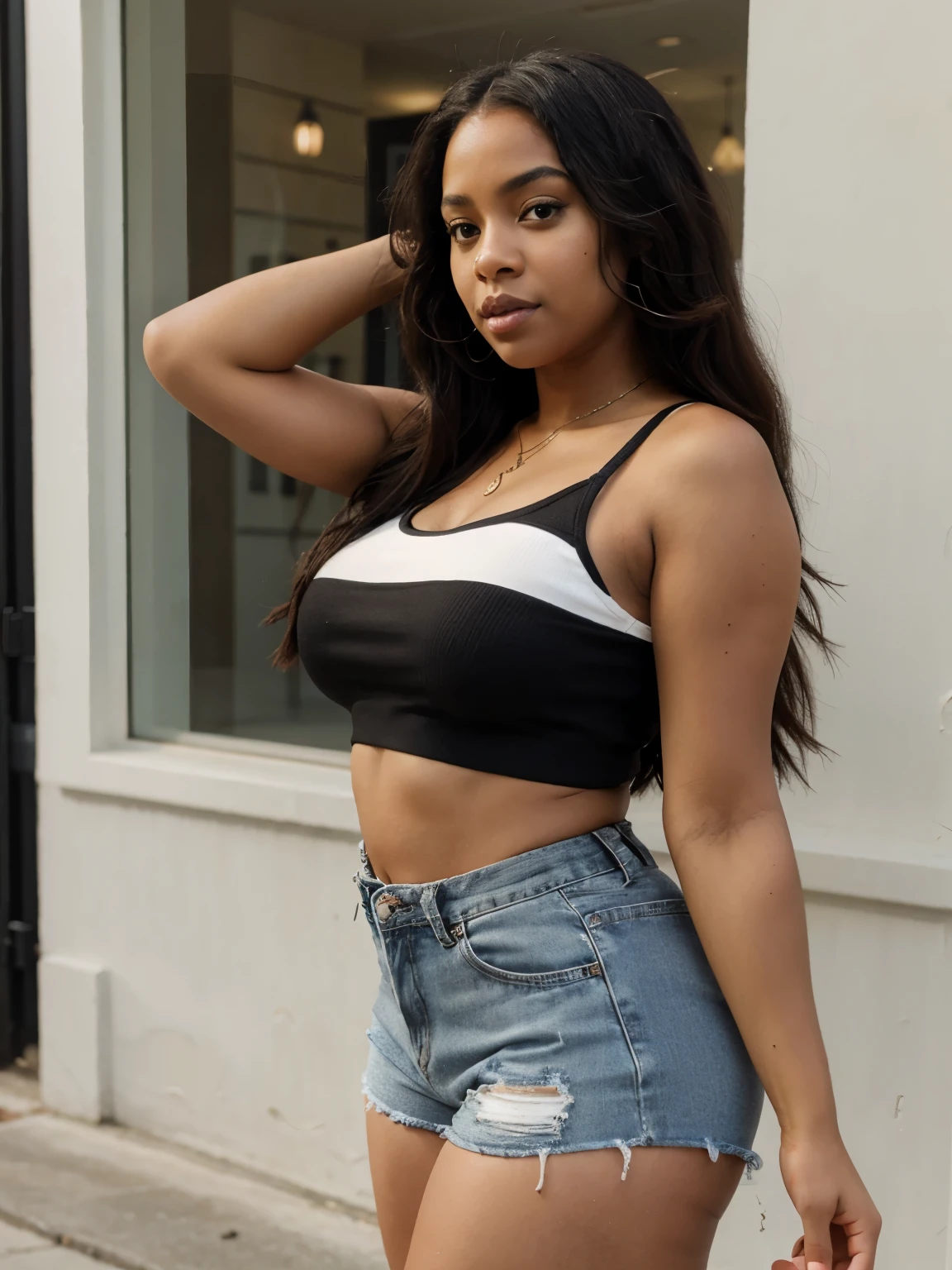 Mixed black ethnicity, curvy girl ,wearing shorts and crop top , long hair , in the bedrrom