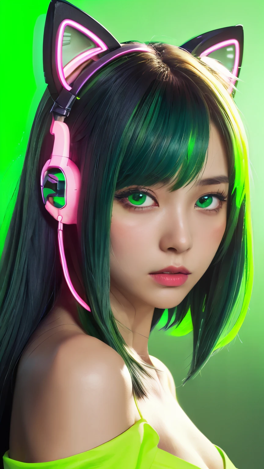 (Neon green thema:1.2), masterpiece, highest quality, 4K, (Photorealistic), bokeh, enlightenment,(1 perfect portrait of a girl), (A fascinating eye for perfect detail:1.2), colorful hair, (gradient hair), (neon green soft hair:1.6), (Cat ear:1.2), fantasy background, (exposed bare shoulders), (long-term alienation sleeve), (lean forward a little), head tilt, (movie lighting:1.2), oversized clothes, (seductive pose:1.4), (neon green background:1.6), green beautiful eyes, close up,