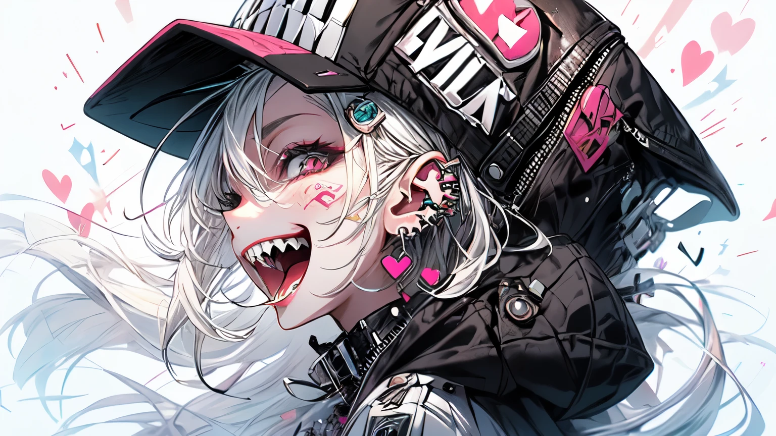 (masterpiece:1.2), best quality,PIXIV,Rebellious girl,portrait, 
1girl, hat, open mouth, sharp teeth, white hair, solo, teeth, long hair, white background, jewelry, badge, button badge, hood, pink eyes, earrings, simple background, jacket, eyelashes, from side, hood down, star (symbol), profile, upper body, clothes writing, zipper, collar, cable, chain, tongue, heart, hat ornament, piercing, barcode, portrait, sticker, hoodie, smile, spikes, baseball cap
 