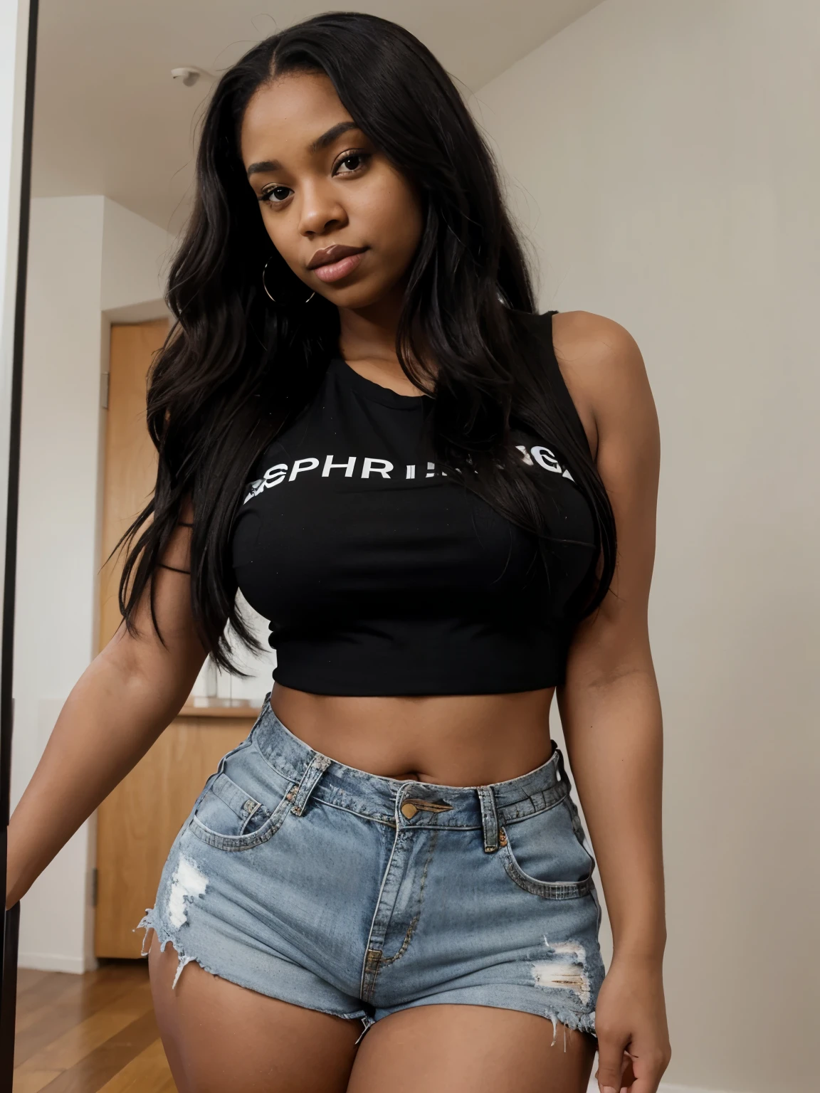 Mixed black ethnicity, curvy girl ,wearing shorts and crop top , long hair , in the bedrrom