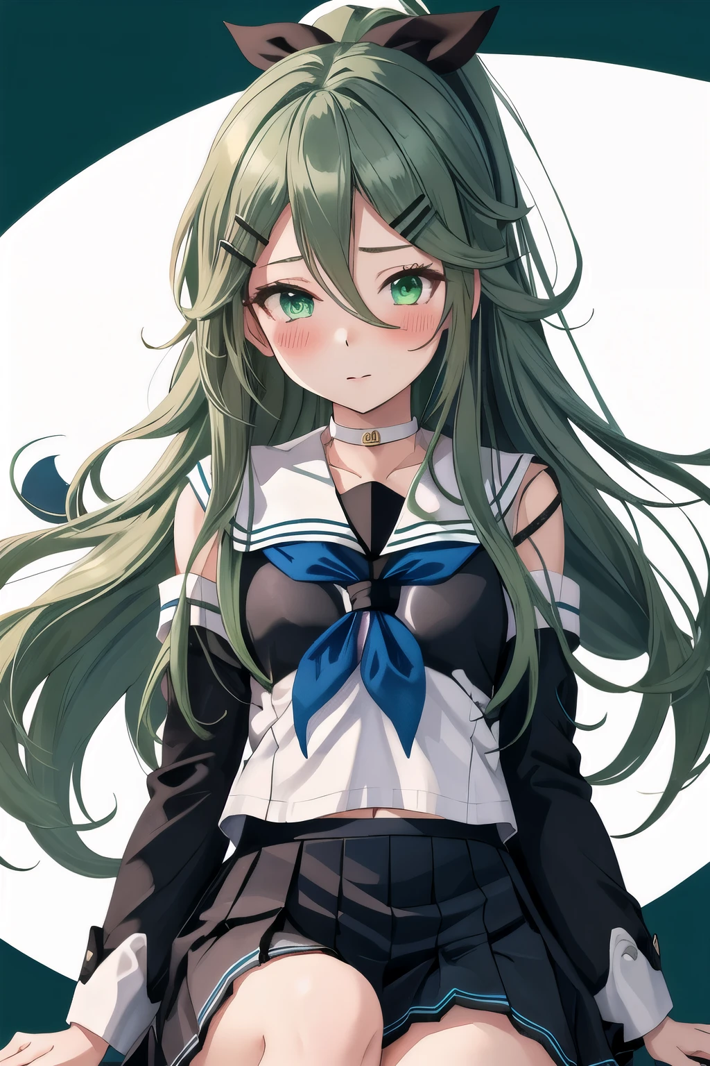 highest quality, masterpiece, High resolution, 一人in, {mountain wind_Fleet Collection:1.15}, green_hair, hair_between_eye, length_hair, hair_ornament, hairclip, ribbon, hair_ribbon, ponytail, black_ribbon, blush, serafuku, green_eye, green_eye, 1 girl, School_uniform, simple_background, upper_body, white_background, separated_sleeve, looking for_in_viewer, neckerchief, green_neckerchief, black_serafuku, choker, 前hair, side lock, full body figure