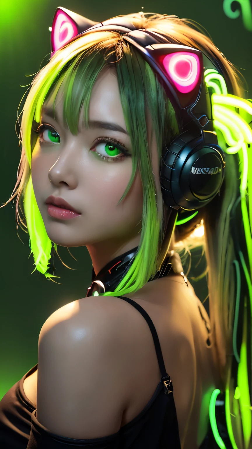 (Neon green thema:1.2), masterpiece, highest quality, 4K, (Photorealistic), bokeh, enlightenment,(1 perfect portrait of a girl), (A fascinating eye for perfect detail:1.2), colorful hair, (gradient hair), (neon green soft hair:1.6), (Cat ear:1.2), fantasy background, (exposed bare shoulders), (long-term alienation sleeve), (lean forward a little), head tilt, (movie lighting:1.2), oversized clothes, (seductive pose:1.4), (neon green background:1.6), green beautiful eyes, close up,