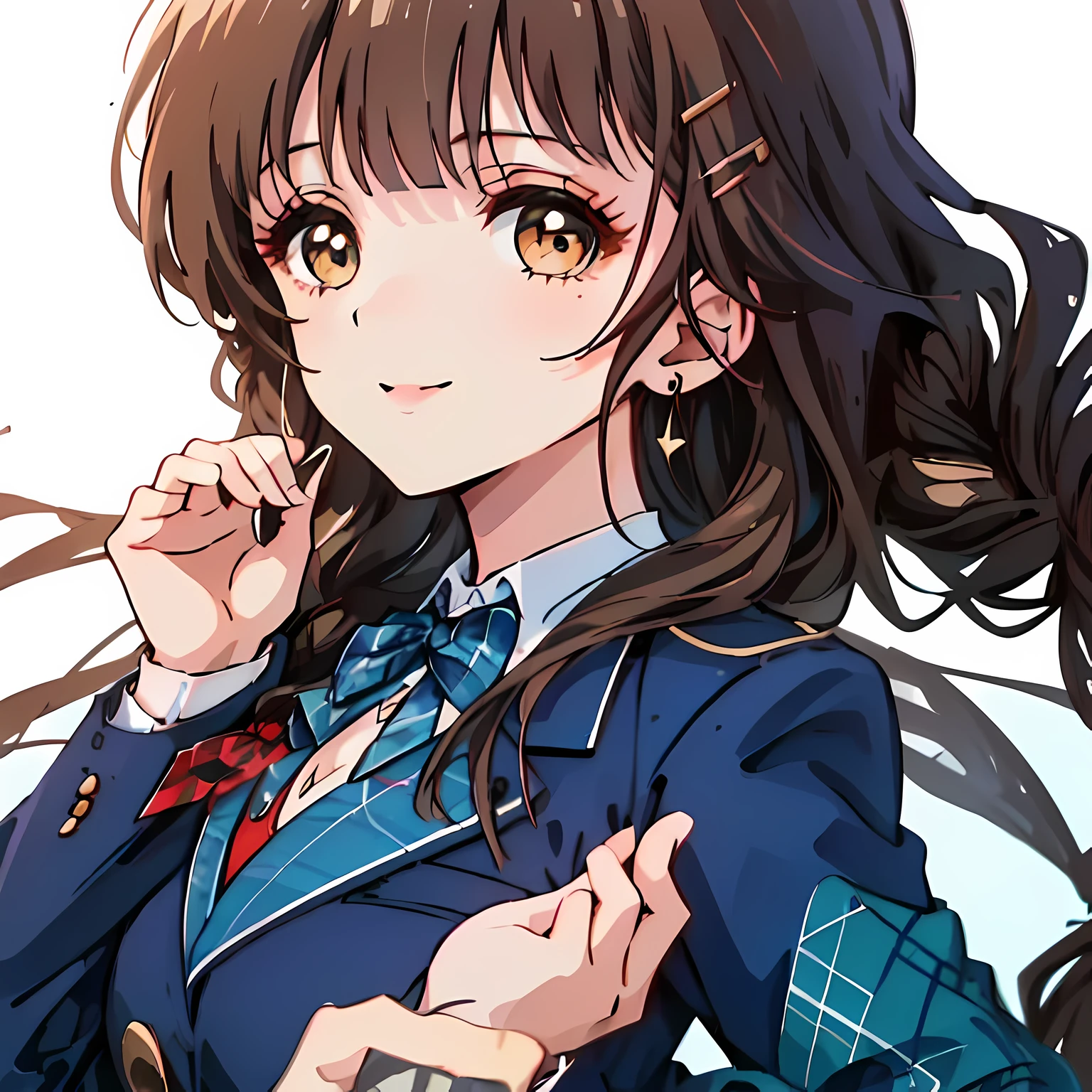 highest quality, (masterpiece:1.2), High resolution, perfect pixel, Three so beautiful sirens, , (((big very detailed beautiful dark brown eyes))), ((girly large wine-red glossy polyester Japanese school ribbon bow tie)), ((((very beautiful long straight straight hair)))), ((((dark blue & deep navy colored tartan checkered formal skirt)))), ((A formal dark blue blazer that is slightly oversized and has an emblem on the left chest.)), ((Looking up at the viewer and smiling)), Very fun, Very happy, mouth is open, the skirt is so cute, detailed fingers, modest chest, ((curled bangs)), ((Lip balm)), so beautiful, long eyelashes, (((Touching your hair with your hands))), ((Showing viewers the beauty of straight hair)), ((very big girly hair ribbons)), ((Impressive and very beautiful eyes)), (((shot from the side))), double eyelids, The entire skirt is photographed, ((Showing viewers the beauty of straight hair)), Lovely heart-shaped earrings
