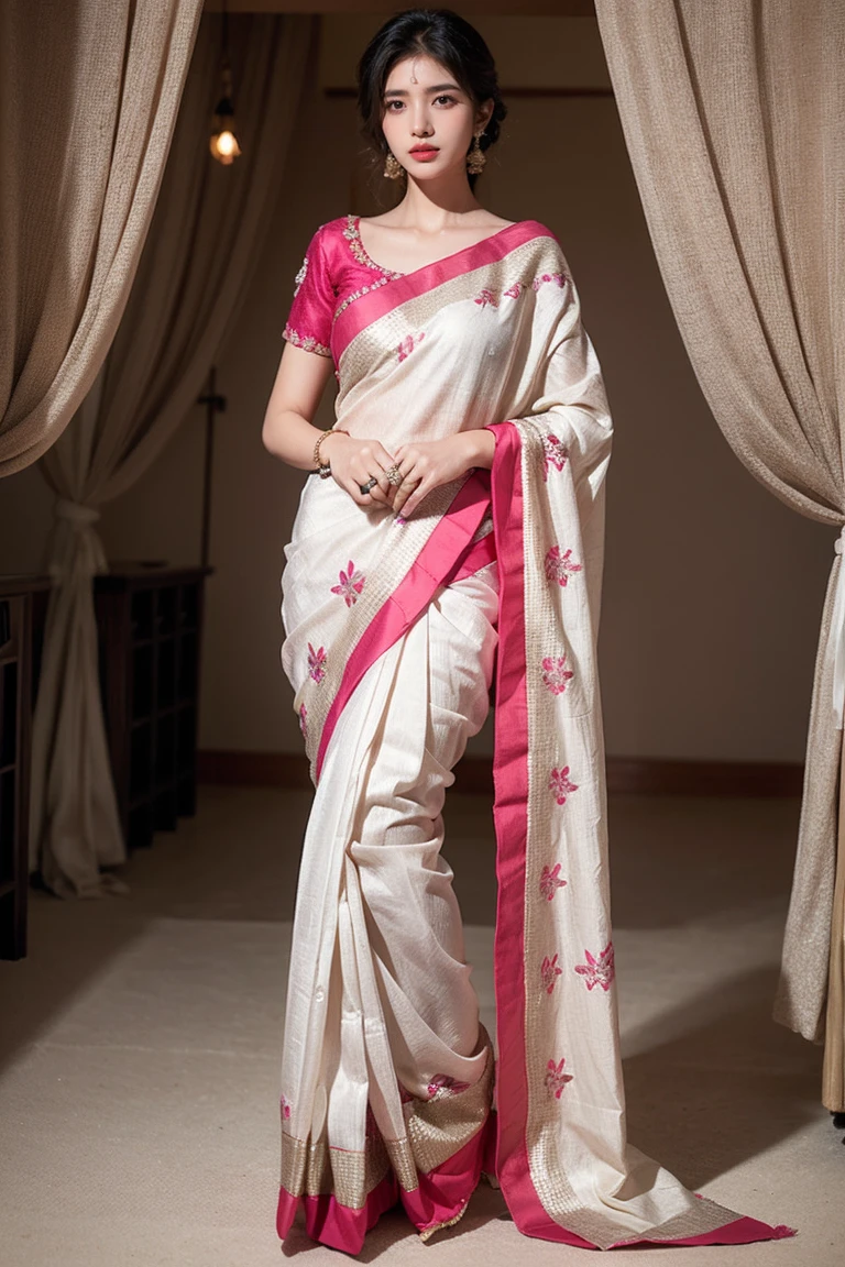Magenta appliqued silk saree with beige and salmon pink embroidery. Comes with matching unstitched blouse piece attached at the end of saree. Blouse shown in the photo is a styling suggestion, it is not a part of the actual product