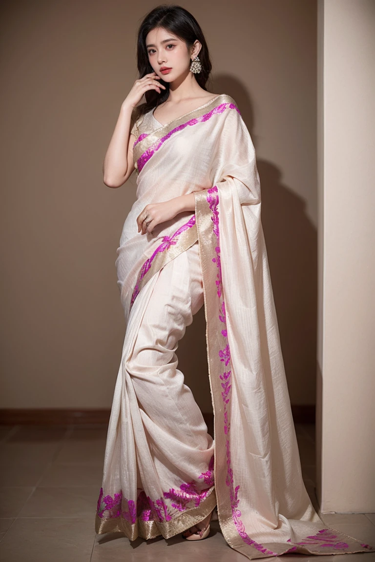 Magenta appliqued silk saree with beige and salmon pink embroidery. Comes with matching unstitched blouse piece attached at the end of saree. Blouse shown in the photo is a styling suggestion, it is not a part of the actual product