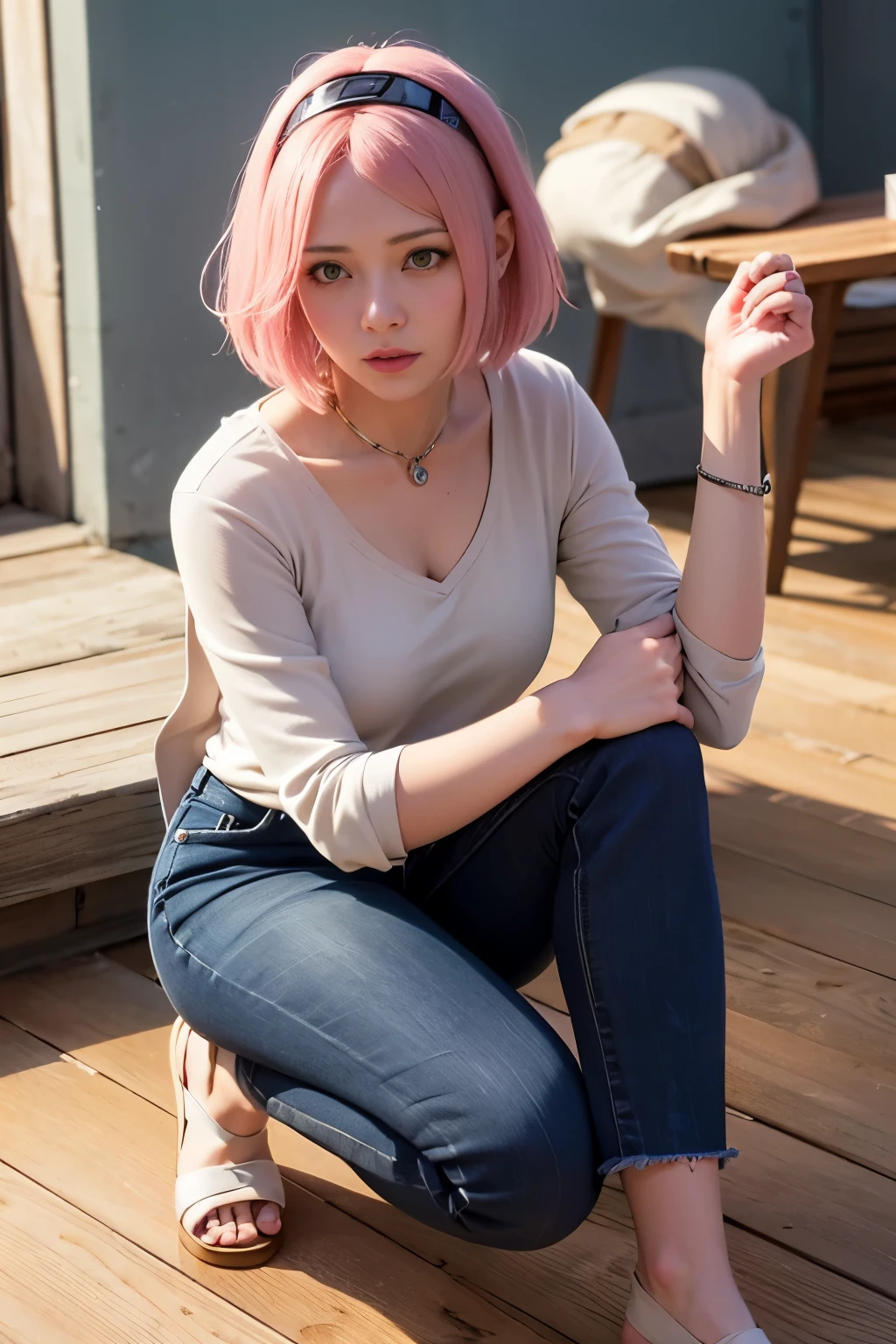 highest quality, 8K, 32k, masterpiece, photo realistic, realistic, (photorealistic:1,4), 1 girl, slight smile, dramatic lighting, professional makeup, とても大きなchestの女性, (seductive pose), sexy, Beautiful, shining white face, beautiful face, pink cheeks, beautiful lips, porcelain skin, 細部がComplex, Super detailed, Super high, most detailed, highly detailed, delicate, incredible detailsed, small detailsed, cinematic lighting, highest quality, smooth and beautiful, cg, unity, 8K wallpaper, amazing, small details, unity cg wallpaper 8K super detailed, large file size, super detailed, High resolution, incredible details, amazing details, Depth of the bounds written.Detailed clothing characteristics,haruno sakura, naruto \(series\), naruto shippuuden, anime art style, masterpiece, red shirt, shirt, short hair, No sleeve, No sleeve shirt, forehead protector, hair band, konohagakure symbol on hair band, 1 girl, alone, bangs, chest, closed mouth, Elbow sleeves, eyes visible through hair, floating hair, shortening, green eyes, hair intake, parted bangs, pink hair, , V-shaped eyebrows, detailed background, outdoor, cherry blossoms, null, (super detailed), (8K, Complex), (85mm), particles of light, lit, full body, (very detailed:1.2), chestの焦点, (Gradation), software, colorful, (detailed background), (third law_composition:1.3), (Action range:1.2), dawn, alone