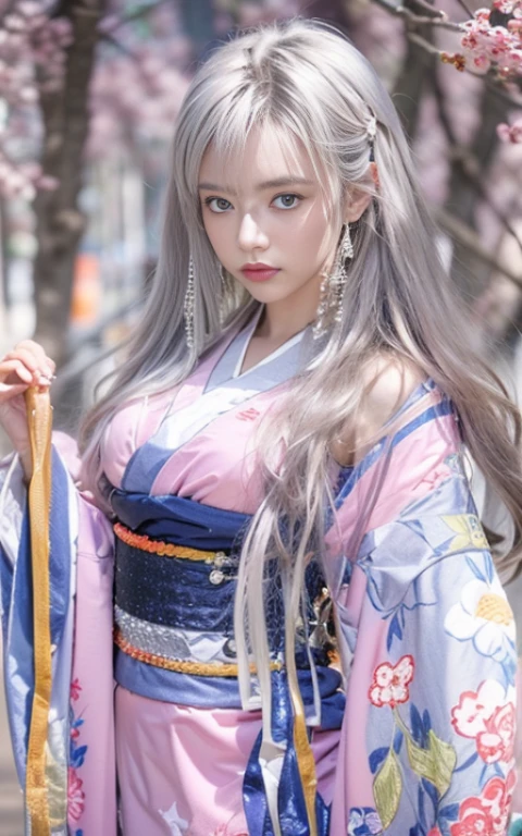 (Beautiful model appearing in Japanese clothing commercial, Beautiful long silver mesh hair swaying in the wind), (alone), ((face is 80% beauty and elegance, 20% pretty and cute:1.5)), (Her roots are in Eastern Europe and Asia), clear eyes, (fine eyes, light brown eyes, bright pupils), double eyelid, (Slightly thick and sexy lips:1.2), Super detailed and incredibly high resolution silver long Kimono, Highly detailed facial texture, impressive body shape, Curvaceous and very attractive woman, (The color of the long kimono is 95% pink and 5% lapis lazuli:1.5), High resolution RAW color photography professional photography, break ultra high-resolution textures, High resolution body rendering, Big eyes, an unparalleled masterpiece, incredible high resolution, Super detailed, stunning ceramic skin, break (Made with plenty of Rinpa silver.、琳派風のshiny redい振袖を着ています。.), (The main color is Rinpa'shiny red.), (丁寧に作られた日本の古典的なshiny redい振袖), ((The embroidery pattern is a Japanese painting style of lapis lazuli birds, cloud, Mountain, river, and flowers)), (A lapis lazuli obi that matches this kimono), ((Delicate and elegant embroidery、shiny redい振袖)), (The background is sparkling silver diamond dust emitted from the moon,Cherry tree:1.5) break ((highest quality, 8K)), sharp focus:1.2, (layer cut, big:1.2), (beautiful woman with perfect figure:1.4), (Beautifully shaped breasts:1.3), thin waist, (correct hand shape:1.5), (full body shot | Rear view)