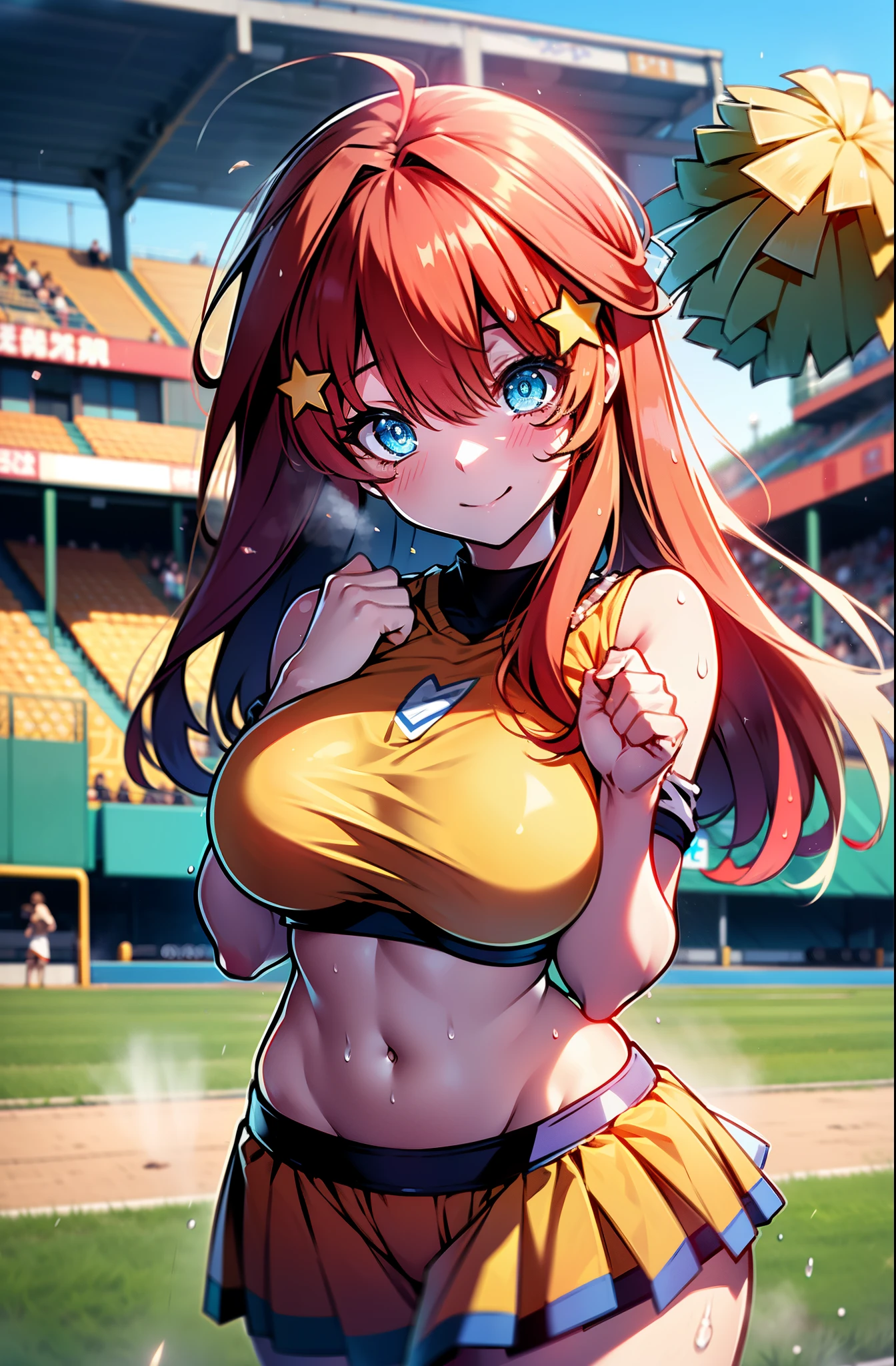 itsukinakano, itsuki nakano, bangs, blue eyes, hair between eyes, Ahoge, redhead, star \(symbol\), happy smile, smile, open your mouth,hair ornaments, star hair ornaments,(cheer leading), (whole body), big breasts, lower, (sweaty), sweaty Wet Clothes, (yellow clothes), , Navel support, playground, (jump), (jump), 足を曲げてjumpする, air, blue sky, Grass原, Smiling Cheerleader, pom pom \(cheer leading\), Grass, 
break outdoors, stadium,
break looking at viewer, (cowboy shot:1.5),
break (masterpiece:1.2), highest quality, High resolution, unity 8k wallpaper, (figure:0.8), (detailed and beautiful eyes:1.6), highly detailed face, perfect lighting, Very detailed CG, (perfect hands, perfect anatomy),