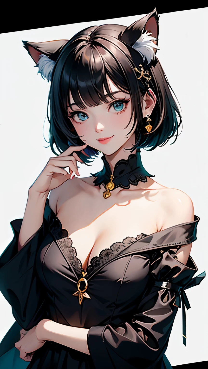 (highest quality, masterpiece, High resolution)、(anime art)、,cinematic light、soft light、girl、black hair、Spotted cat costume、cat ears、bob cut、  hair ornaments、choker、enchanting smile、Medium chest、Nyan Pose、Cat jarashi、((white background))、