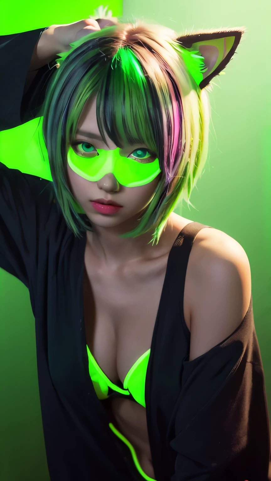 (Neon green thema:1.2), masterpiece, highest quality, 4K, (Photorealistic), bokeh, enlightenment,(1 perfect portrait of a girl), (A fascinating eye for perfect detail:1.2), colorful hair, (gradient hair), (neon green soft hair:1.6), (Cat ear:1.2), fantasy background, (exposed bare shoulders), (long-term alienation sleeve), (lean forward a little), head tilt, (movie lighting:1.2), oversized clothes, (seductive pose:1.4), (neon green  background:1.6), green beautiful eyes, close up,