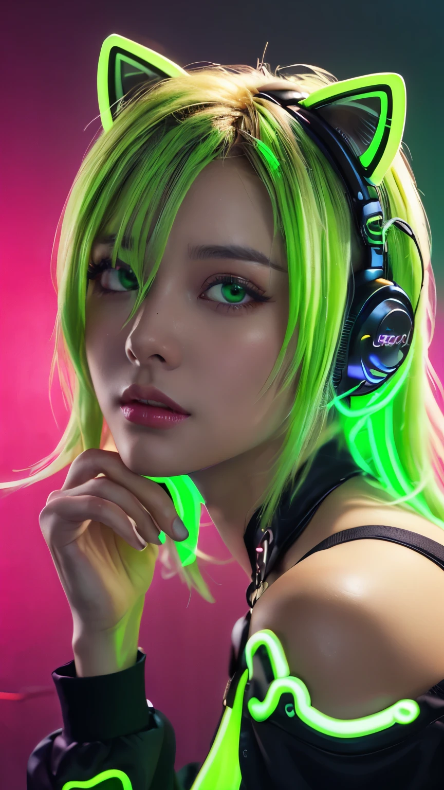 (Neon green thema:1.2), masterpiece, highest quality, 4K, (Photorealistic), bokeh, enlightenment,(1 perfect portrait of a girl), (A fascinating eye for perfect detail:1.2), colorful hair, (gradient hair), (neon green soft hair:1.6), (Cat ear:1.2), fantasy background, (exposed bare shoulders), (long-term alienation sleeve), (lean forward a little), head tilt, (movie lighting:1.2), oversized clothes, (seductive pose:1.4), (neon green background:1.6), green beautiful eyes, close up,