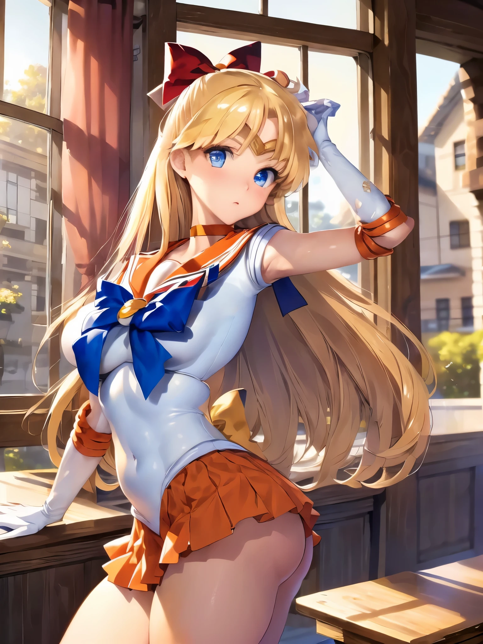 masterpiece, highest quality, High resolution, SV1, sailor warrior uniform, elbow bag, tiara, red bow, orange choker, Orange sailor collar, white gloves, jewelry, white leotard, outdoor, street, cowboy shot, butt, from behind, perfect face, perfect eyes, lips, blush, big breasts, towards the wall