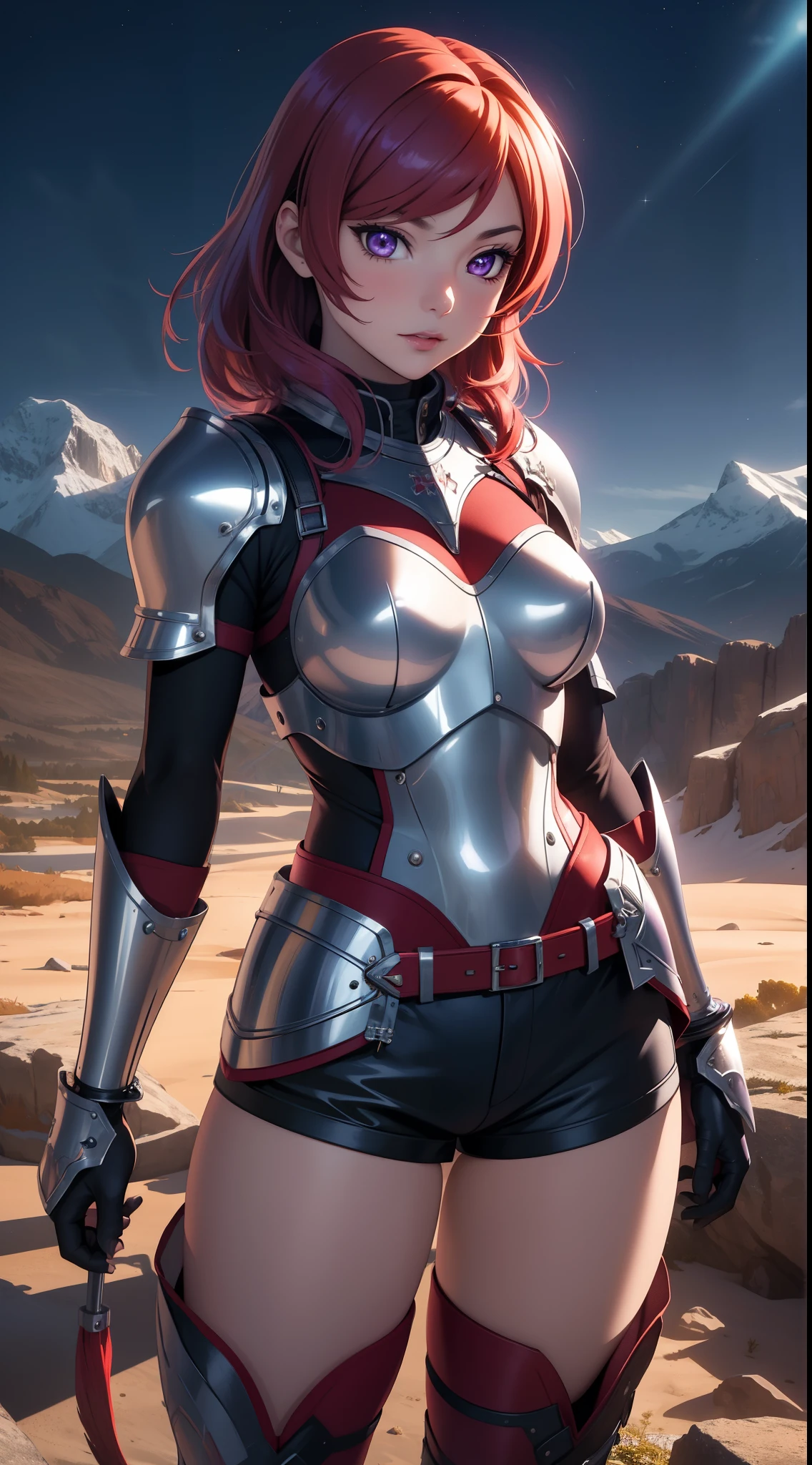 (Masterpiece, Best Quality, High Quality), facing viewer,volumetric lighting, illustration, beautiful, perfect lighting, perfect shadows,Nishikino maki , cowboy shot, (silver armor:1.2), short shorts, thighs, solo, (standing:0.8), purple eyes ,red hair ,in mountains,under moonlight 