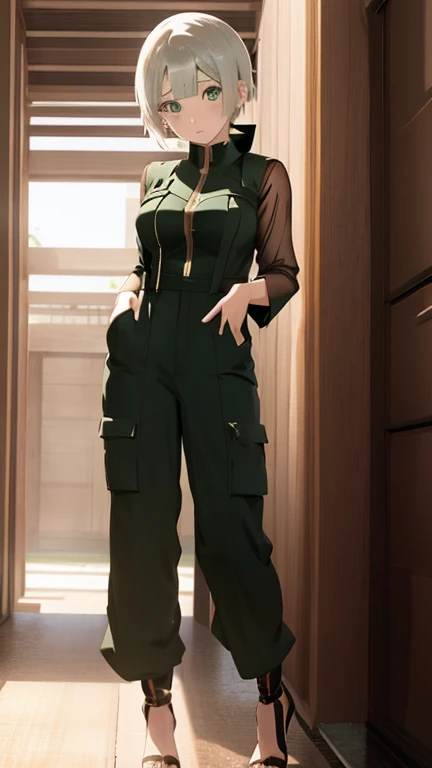 ANIME NARUTO SHIPPUDEN GIRL WHITE SHORT HAIR AND GREEN EYES TALL JUMPSUIT COSTUME WITH TALL HEELS مشاغبه جدا (INFJ)