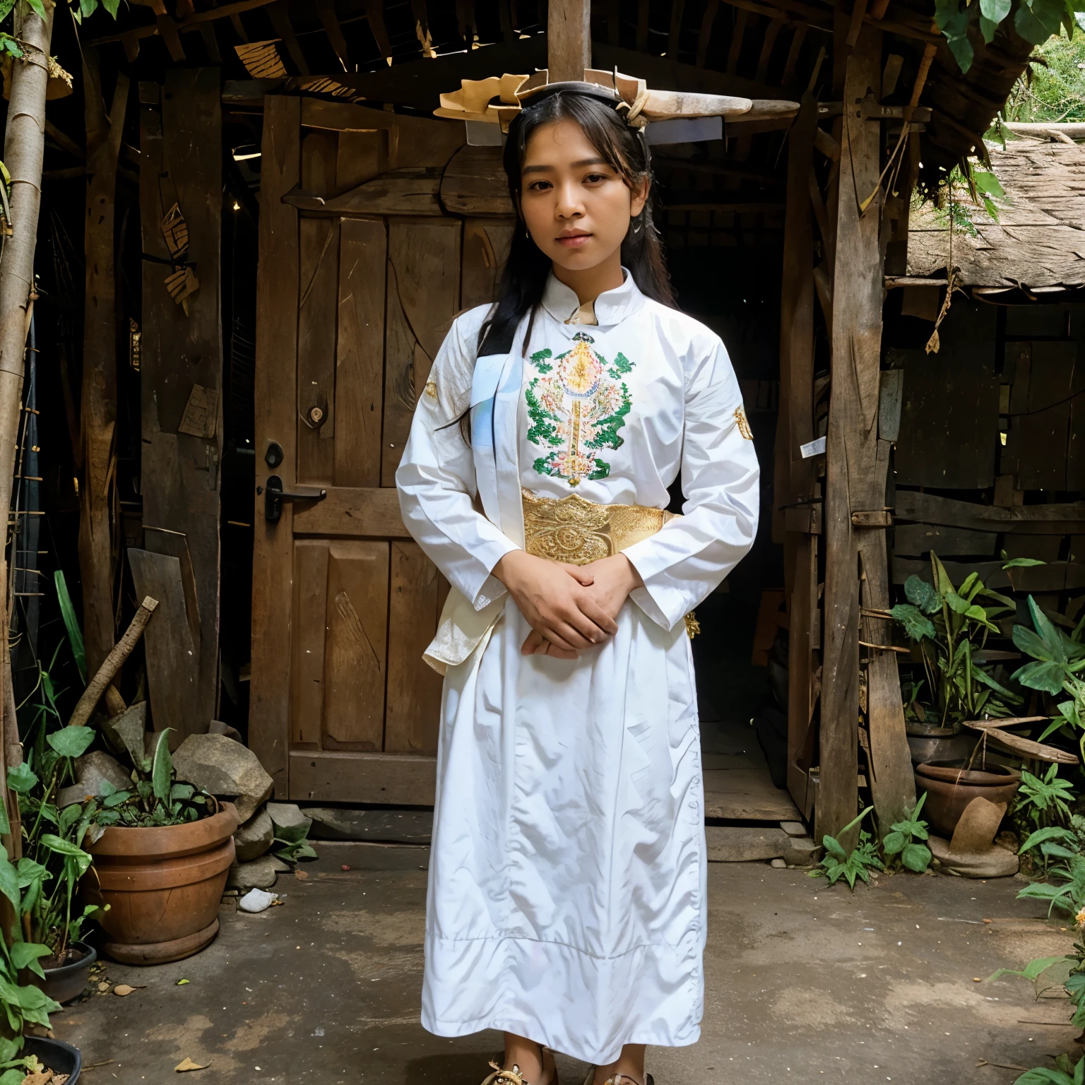 Filipina wearing barong tagalog with carabao