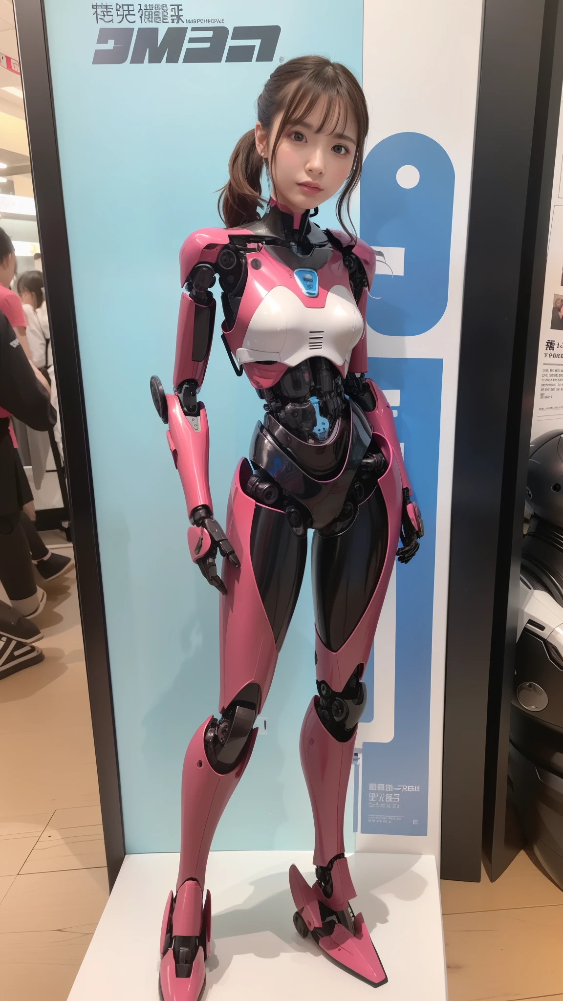 (Photorealsitic:1.4)、one robot woman、(top-quality)、(hyperdetailed face)、(Super well-formed face)、(Robot Parts)、(Female-Robot)、(25 years-old)、(Blue)、(pink there)、(Burgundy)、(metallic)、(full-body)、(sexy pose)、(Slender body)、(Model body type)、(full body mech)、(mechanical exposure)、(Akihabara)、(is looking at the camera)、(A brown-haired)、(Well-proportioned body)、(a small face)、(a small head)、(well-groomed fingers)、(Idol)、(front facing)、(Standing with legs open)、(Photo session)、(Looks sad)、(perfect-female-robot)、(perfect-mechanical-body)