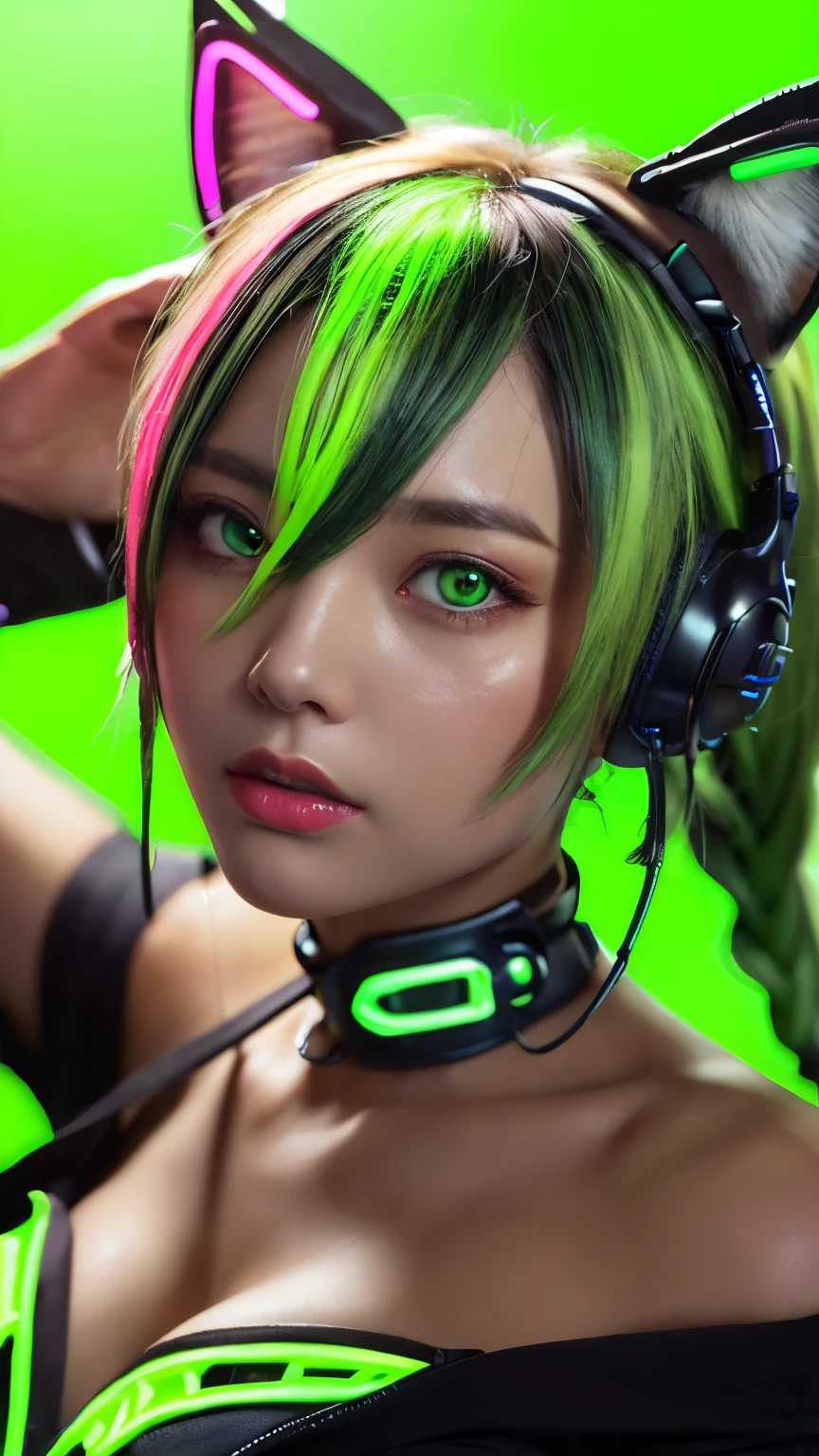 (Neon green thema:1.2), masterpiece, highest quality, 4K, (Photorealistic), bokeh, enlightenment,(1 perfect portrait of a girl), (A fascinating eye for perfect detail:1.2), colorful hair, (gradient hair), (neon green soft hair:1.6), (Cat ear:1.2), fantasy background, (exposed bare shoulders), (long-term alienation sleeve), (lean forward a little), head tilt, (movie lighting:1.2), oversized clothes, (seductive pose:1.4), (neon green  background:1.6), green beautiful eyes, close up,