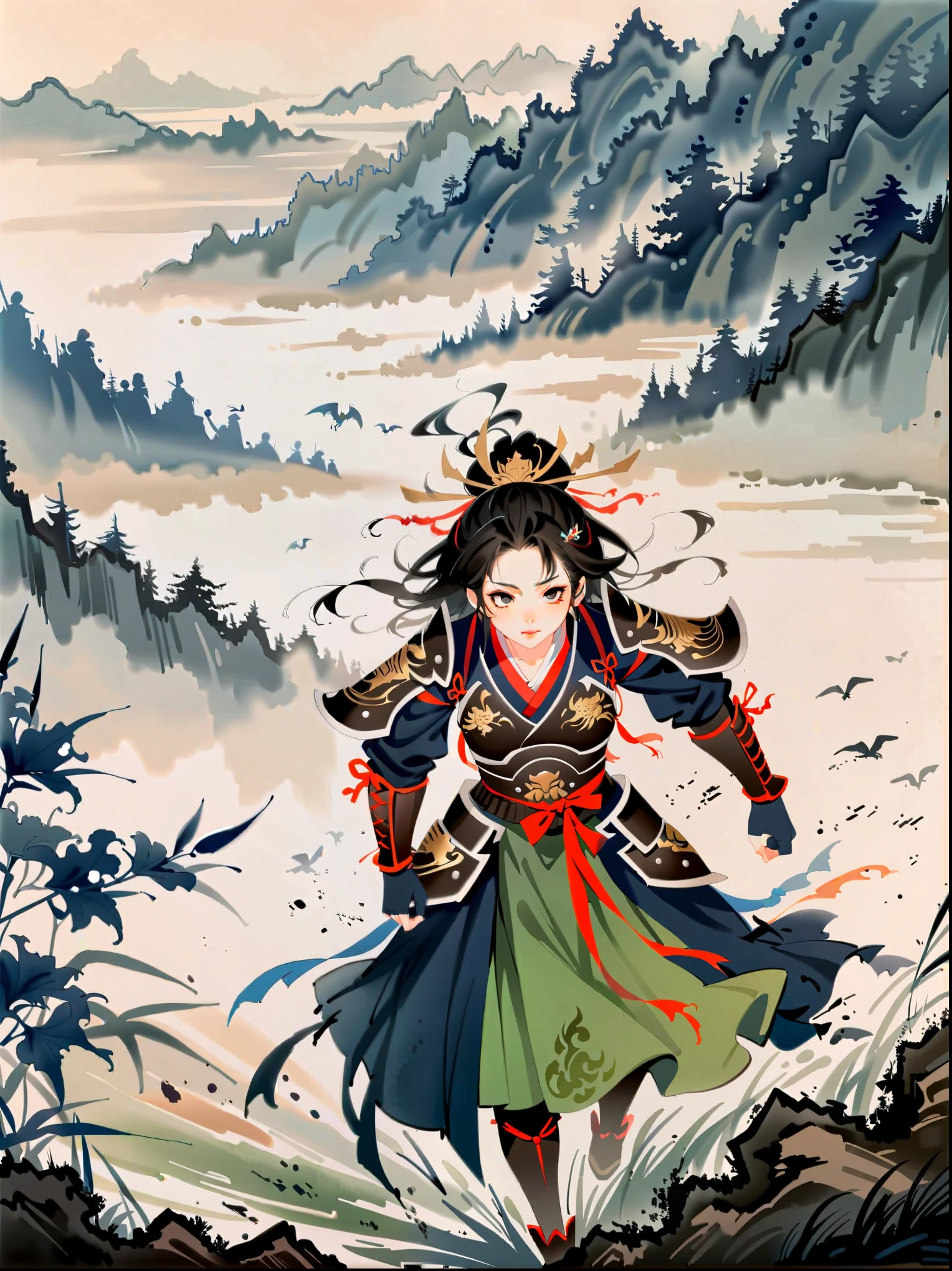 watercolor concept art by Benedick Bana
(perspective from above )
1girl, charging forward , detailed face, beautiful woman in fantasy samurai armor, trudging through misty swamp in middle of multiple army battlefield, marshlands, foggy, cloudy, wearing surcoat with family arms embroidered on it, many samurai fighting in background, masterpiece, best quality, high quality, dramatic lighting, shadows