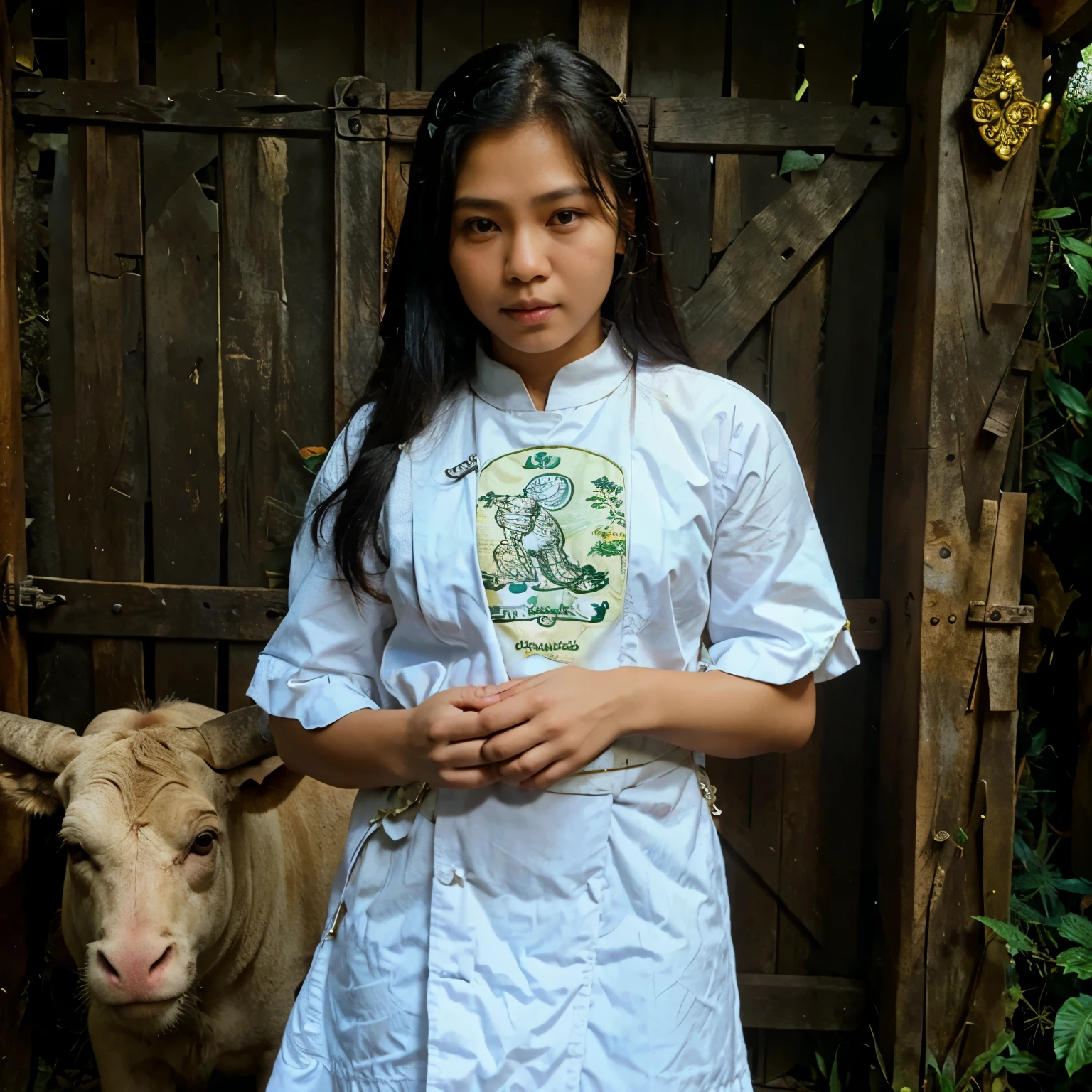 Filipina wearing barong tagalog with carabao