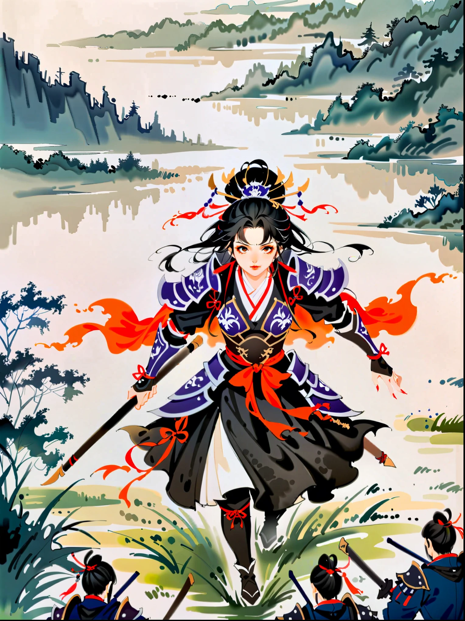watercolor concept art by Benedick Bana
(perspective from above )
1girl, charging forward , detailed face, beautiful   woman in fantasy samurai armor, trudging through misty swamp in middle of multiple army battlefield, marshlands, foggy, cloudy, wearing surcoat with family arms embroidered on it, many samurai fighting in background, masterpiece, best quality, high quality, dramatic lighting, shadows