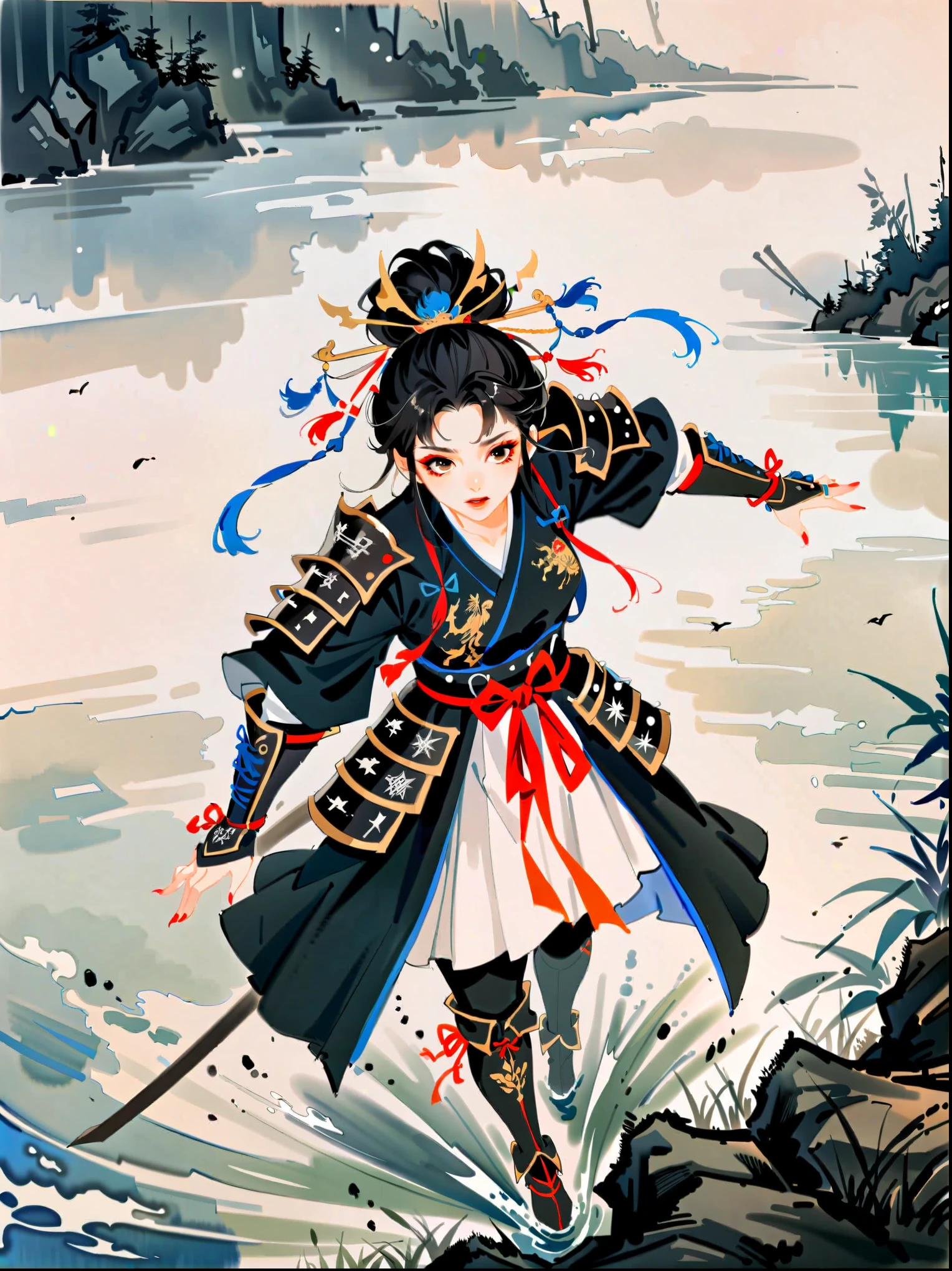 watercolor concept art by Benedick Bana
(perspective from above )
1girl, charging forward , detailed face, beautiful   woman in fantasy samurai armor, trudging through misty swamp in middle of multiple army battlefield, marshlands, foggy, cloudy, wearing surcoat with family arms embroidered on it, many samurai fighting in background, masterpiece, best quality, high quality, dramatic lighting, shadows