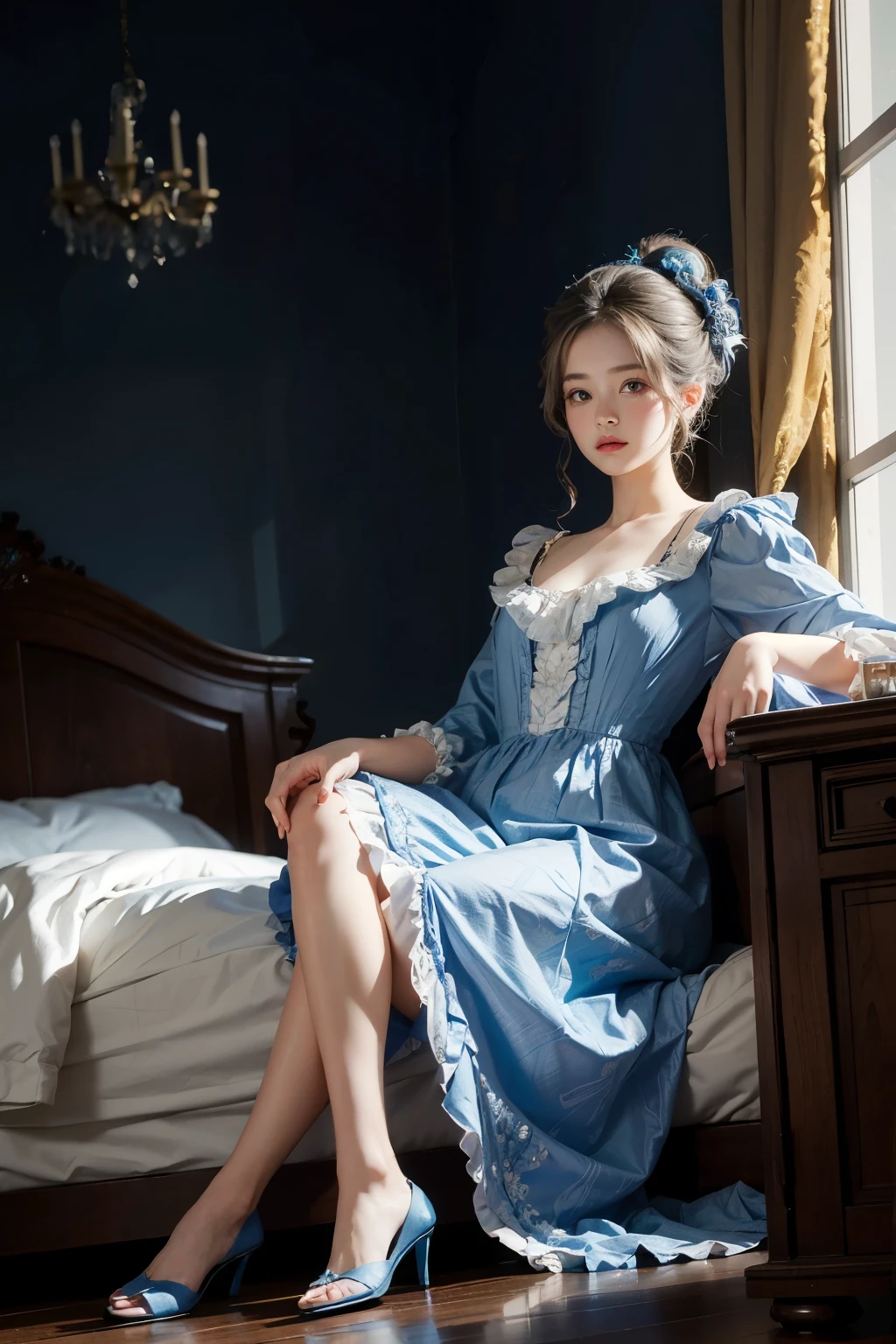Araped woman sitting on bed in blue dress, inspired by Jean-Baptiste Van Loo(Jean-Baptiste van Loo), korean beauty, different actions, clothes:random color,