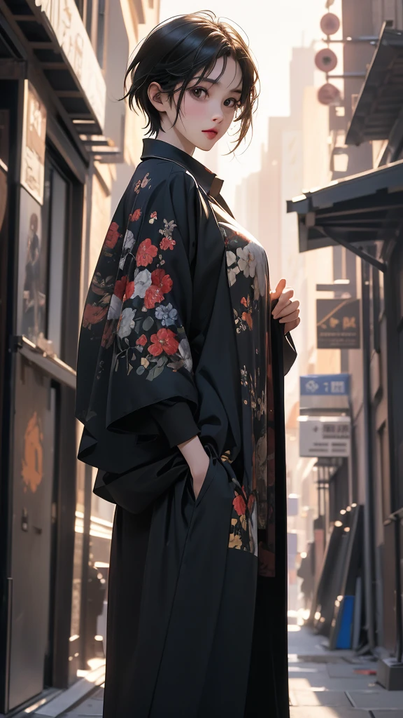 (Highly detailed CG unit 8k wallpaper, masterpiece, High resolution, highest quality, highest qualityのリアルテクスチャスキン), Fashion pose with hands in pockets:1.4, A cool NY fashion girl influenced by nostalgic and inorganic mode fashion., Nana Komatsu, Asymmetrical short hair, detailed costume, fine embroidery, blurred background, An empty alley in New York:1.2, hyper realistic, digital painting, concept art,