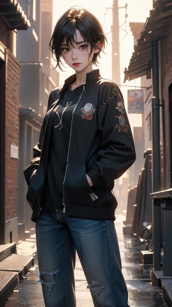 (Highly detailed CG unit 8k wallpaper, masterpiece, High resolution, highest quality, highest qualityのリアルテクスチャスキン), Fashion pose with hands in pockets:1.4, A cool NY fashion girl influenced by nostalgic and inorganic mode fashion., Nana Komatsu, Asymmetrical short hair, detailed costume, fine embroidery, blurred background, An empty alley in New York:1.2, hyper realistic, digital painting, concept art,