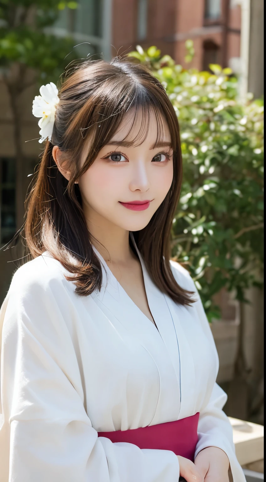 table top, highest quality, figure, Super detailed, finely, High resolution, 8k wallpaper, 完璧なダイナミックな構figure, detailed and beautiful eyes, white kimono,flower hair ornament,bun hair, middle of chest, natural color lip, random sexy poses,smile,tower apartment,