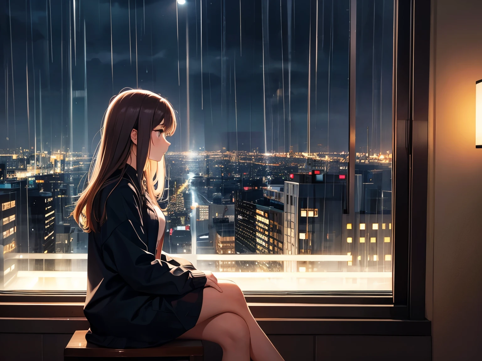 A 20-year-old woman sitting by the window in a room,It's raining outside,profile,The city lights are visible in the distance