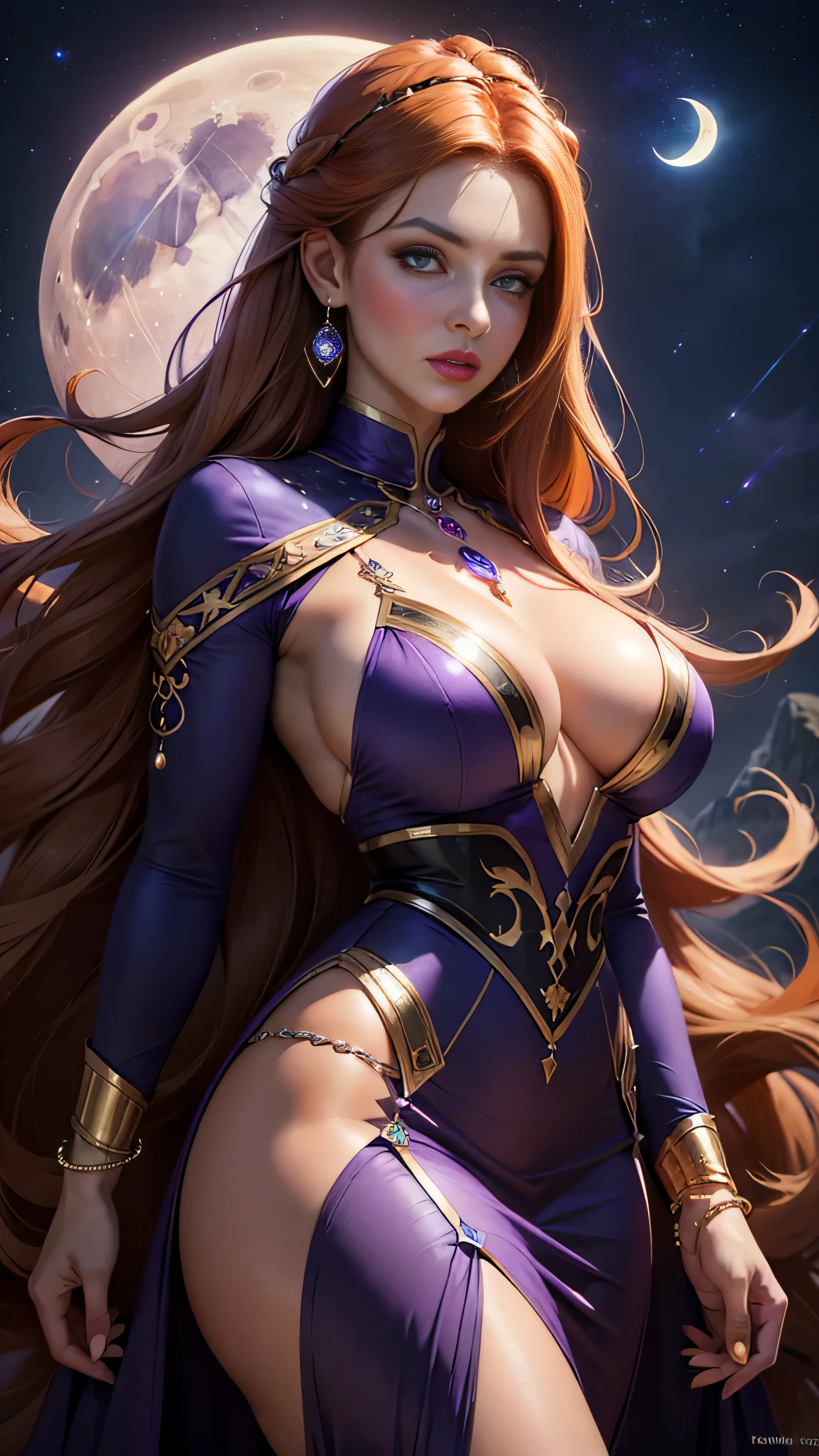 (masterpiece), best quality, expressive eyes, perfect face , solo , 1 woman , mature woman , she have purple eyes like amethyst like the gem , brown skin, long creamy orange hair, thick, big beast , she wearing royal blue and purple outfit with moon and star pattern , moon earring , light red lips, solo, 1 woman , brown skin