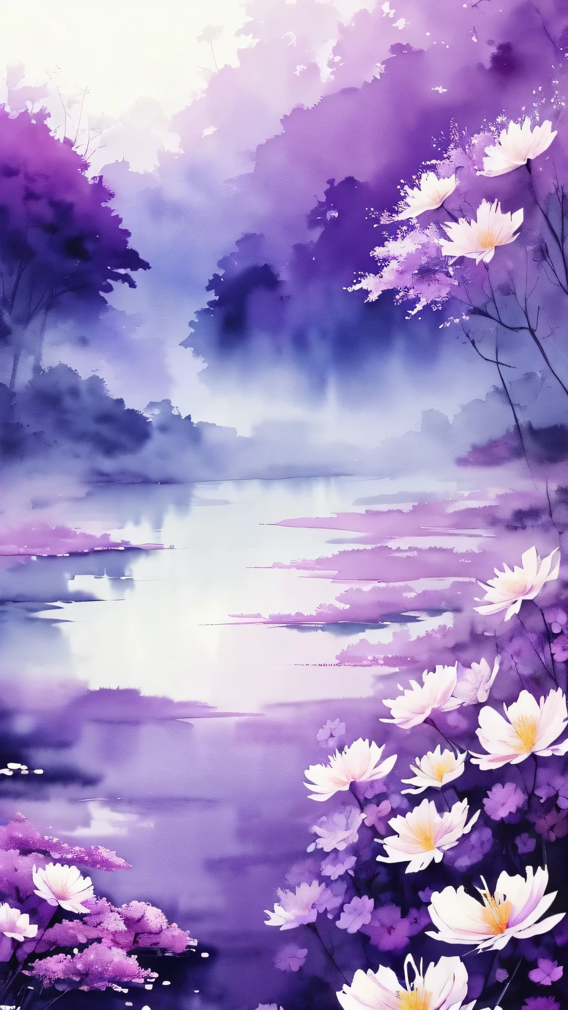 Abstract watercolor painting, splash ink effect，Full color wallpaper with purple background, purple flower, Adopt the style of Xiao Feiyue, soft tone, The beauty of peace and tranquility, Dark white and light purple, colorful, High resolution, watercolor,  Purple hue, pastel tones, full of flowers, mist, Mysterious--Automatic