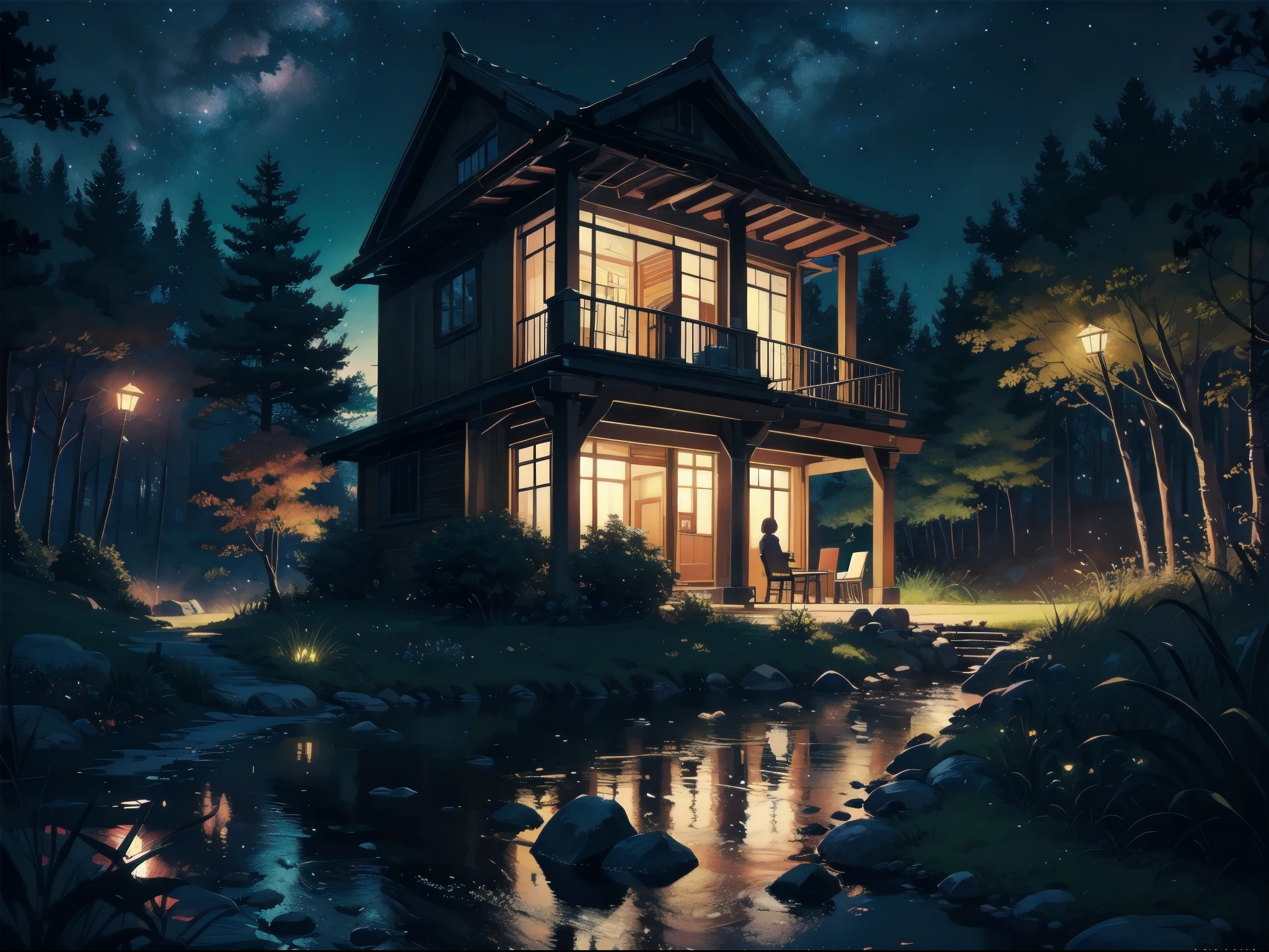 figure, comics, soothing tone, calm colors, (anime), (figure), comics, be familiar with, masterpiece, beautiful scenery, forest, pool, trail,night, nebula, starry sky, 8K, highest quality, dark shot, be familiar with, studio ghibli style
