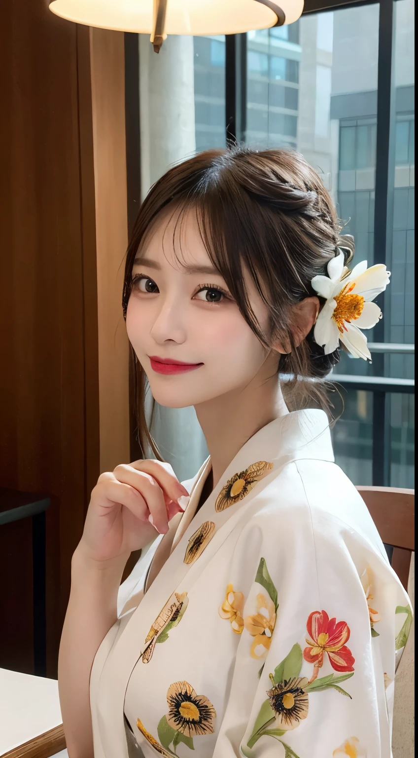 table top, highest quality, figure, Super detailed, finely, High resolution, 8k wallpaper, 完璧なダイナミックな構figure, detailed and beautiful eyes, white kimono,flower hair ornament,bun hair, middle of chest, natural color lip, random sexy poses,smile,tower apartment,