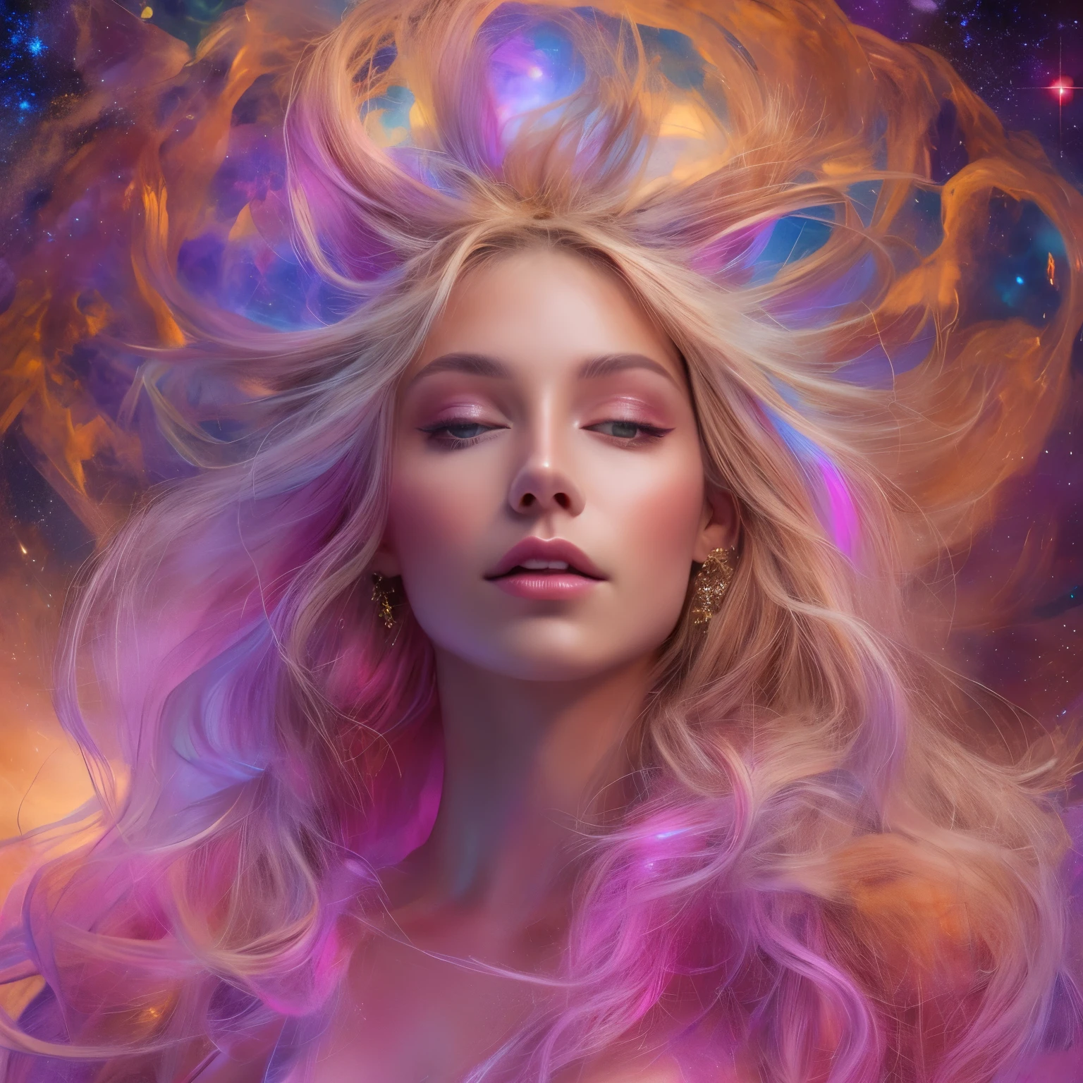 (Highest Quality,High Resolution,Masterpiece:1.2),Ultra-Detailed,(Realistic,Photorealistic,Photorealistic:1.37)(goddess of cosmic love:1.1,beautiful:1.1,astral body:1.1),divine goddess,celestial beauty,supernatural presence,spectacular cosmic entity,majestic celestial being,dazzling aura,ethereal radiance,transcendent elegance,(luminous energy:1.1),(immortal deity:1.2),heavenly grace,mystical attire,serene expression,golden hair flowing,(shimmering eyes:1.1),(ethereal beauty:1.1),magnificent celestial realm,divine love and compassion,colorful nebulae dancing in the background,glowing stardust particles floating around her,galaxies swirling around her as her divine power expands,infinite space stretching far beyond the horizon,hint of magic(twinkle of magic:1.1),cosmic rays bathing the scene in a celestial glow,(vibrant hues:1.1),(cosmic colors:1.1),soothing color palette,evoking feelings of peace and tranquility,majestic divine presence that fills the whole universe,magical atmosphere,(delicate details:1.1),fine brushstrokes creating intricate patterns,(ethereal strokes:1.1),(dreamlike strokes:1.1),highly detailed rendering of her celestial features,subtle gradients giving depth to the image,meticulously crafted textures that bring her to life,impeccably realistic portrayal,(impressive definition:1.1),(stunning realism:1.1),immaculate attention to detail as every strand of hair is visible,(impeccable photorealism:1.1),(ultra-detailed illustration:1.1),(masterpiece of art:1.1),perfectly composed composition with balanced lighting and shadows,soft yet vibrant illumination highlighting her divine beauty,magical glow emanating from her celestial body,subtle highlights and shadows adding depth and dimension,(sublime luminosity:1.1),(ethereal lighting:1.1),(radiant glow:1.1),(harmonious lighting:1.1)