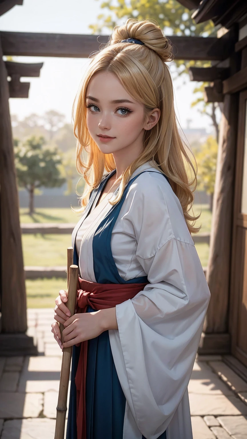 blonde hair, gradient hair, hair over shoulder, hair behind ear, longeyelashes, light smile, Surrealism, depth of field, atmospheric perspective, foreshortening, UHD, anatomically correct, highres, 16k、 ((最high quality, 8K, masterpiece: 1.3, Ultra HD, high quality, 最high quality, High resolution, realism)) 、(high color saturation:1.0), (highly detailed skin), (最high quality:1.0), (超High resolution:1.0) ,(realistic:1.0), (Super detailed:1.0), (8K, Raw photo:1.1), slender、Slender, muscular body that's toned like an athlete's、I don't want my head to disappear from the screen.、25 year old white woman、shiny hair、Her hair color is blonde.、blue eyes、long hair、hair above one eye、smile、On the approach to a Japanese shrine、She is a shrine maiden.、Sweeping the grounds with a bamboo broom、Grinning ((light smile))、triple bun, 8k