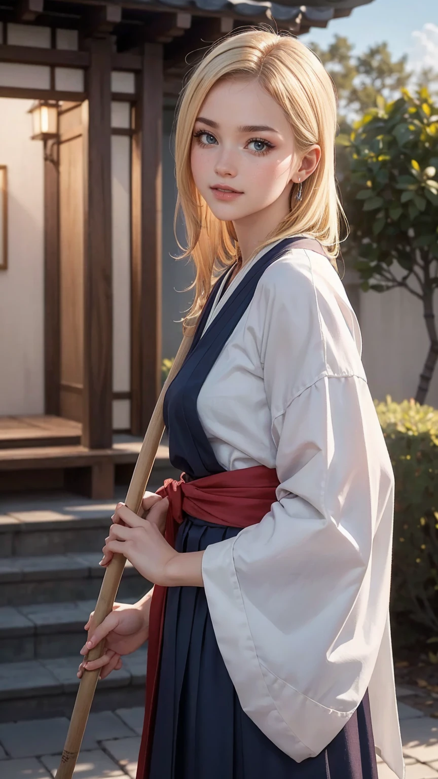 blonde hair, gradient hair, hair over shoulder, hair behind ear, longeyelashes, light smile, Surrealism, depth of field, atmospheric perspective, foreshortening, UHD, anatomically correct, highres, 16k、 ((最high quality, 8K, masterpiece: 1.3, Ultra HD, high quality, 最high quality, High resolution, realism)) 、(high color saturation:1.0), (highly detailed skin), (最high quality:1.0), (超High resolution:1.0) ,(realistic:1.0), (Super detailed:1.0), (8K, Raw photo:1.1), slender、Slender, muscular body that&#39;s toned like an athlete&#39;s、I don&#39;t want my head to disappear from the screen.、25 year old white woman、shiny hair、Her hair color is blonde.、blue eyes、long hair、hair above one eye、smile、On the approach to a Japanese shrine、She is a shrine maiden.、Sweeping the grounds with a bamboo broom、Grinning ((light smile))、triple bun, 8k