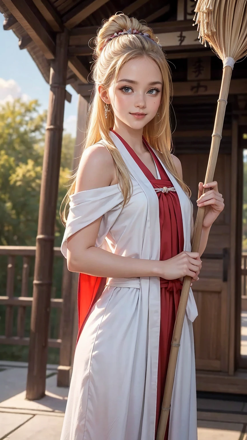 blonde hair, gradient hair, hair over shoulder, hair behind ear, longeyelashes, light smile, Surrealism, depth of field, atmospheric perspective, foreshortening, UHD, anatomically correct, highres, 16k、 ((最high quality, 8K, masterpiece: 1.3, Ultra HD, high quality, 最high quality, High resolution, realism)) 、(high color saturation:1.0), (highly detailed skin), (最high quality:1.0), (超High resolution:1.0) ,(realistic:1.0), (Super detailed:1.0), (8K, Raw photo:1.1), slender、Slender, muscular body that's toned like an athlete's、I don't want my head to disappear from the screen.、25 year old white woman、shiny hair、Her hair color is blonde.、blue eyes、long hair、hair above one eye、smile、On the approach to a Japanese shrine、She is a shrine maiden.、Sweeping the grounds with a bamboo broom、Grinning ((light smile))、triple bun, 8k