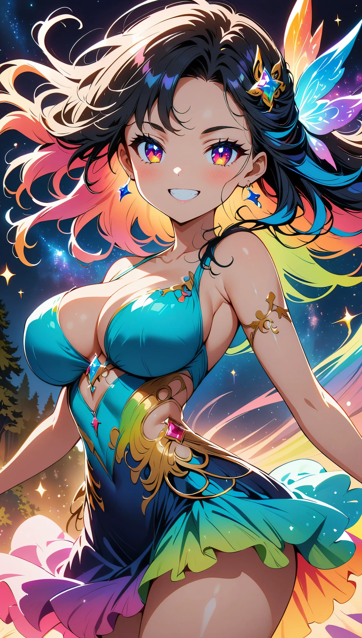 (anime artwork, anime style, studio anime, very detailed, up to date, vibrant, Anime Coloring, high contrast, masterpiece:1.2, best quality, best aesthetics), (1 girl), Color connections, colored, Vibrant color scheme, colorful, spot color, NSFW, (portrait, cowboy shot), sensual, in the deep forest, dance, (big breasts 1.2), crooked, (bewitching woman), (grin and laugh:1.2), Fantasy Starry Sky Fairy, Fantasy starry sky fairy，falling petals, sparkling stars，