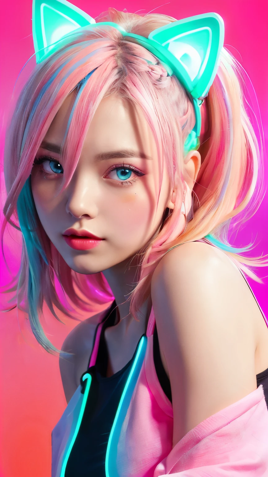 (Neon pink thema:1.2), masterpiece, highest quality, 4K, (Photorealistic), bokeh, enlightenment,(1 perfect portrait of a girl), (A fascinating eye for perfect detail:1.2), colorful hair, (gradient hair), (neon pink soft hair:1.6), (Cat ear:1.2), fantasy background, (exposed bare shoulders), (long-term alienation sleeve), (lean forward a little), head tilt, (movie lighting:1.2), oversized clothes, (seductive pose:1.4), (neon pink background:1.6), blue beautiful eyes, close up,