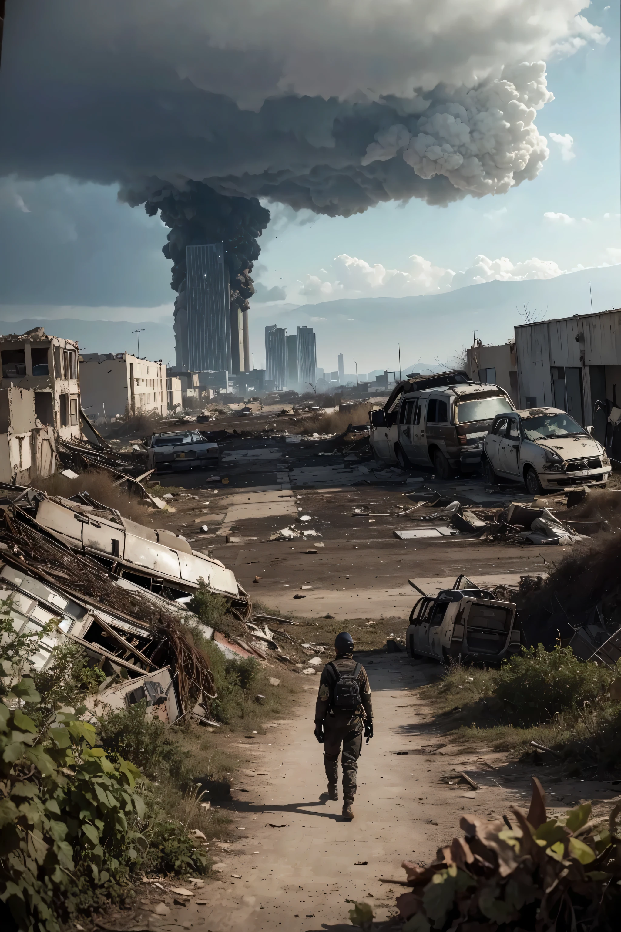 In a post-apocalyptic world, show me the image of toxic waste spreading through the desolate landscape. 
(highres,ultra-detailed,realistic:1.37),HDR,UHD,vivid colors,bokeh,studio lighting,physically-based rendering,extreme detail description,portraits,landscape,horror,concept artists,dystopian,melted ruins,dangerous gases,abandoned buildings,overgrown vegetation,collapsed structures,decaying vehicles,toxic sludge,dark clouds,ominous sky,burning fires,wasteland,barren wasteland,ruined civilization,devastation,haunting atmosphere,deteriorated cityscape,dilapidated infrastructure,fallen skyscrapers,dystopian future,post-apocalyptic survivors,desperation,survival instincts,ominous silence,bleakness,mysterious figures in gas masks,apocalyptic wasteland,ruined beauty,desolate ruins,eroded streets,ruined nature,radioactive waste,desperate struggle,post-disaster,deserted streets,uninhabitable,threatening environment,desolation beyond repair.