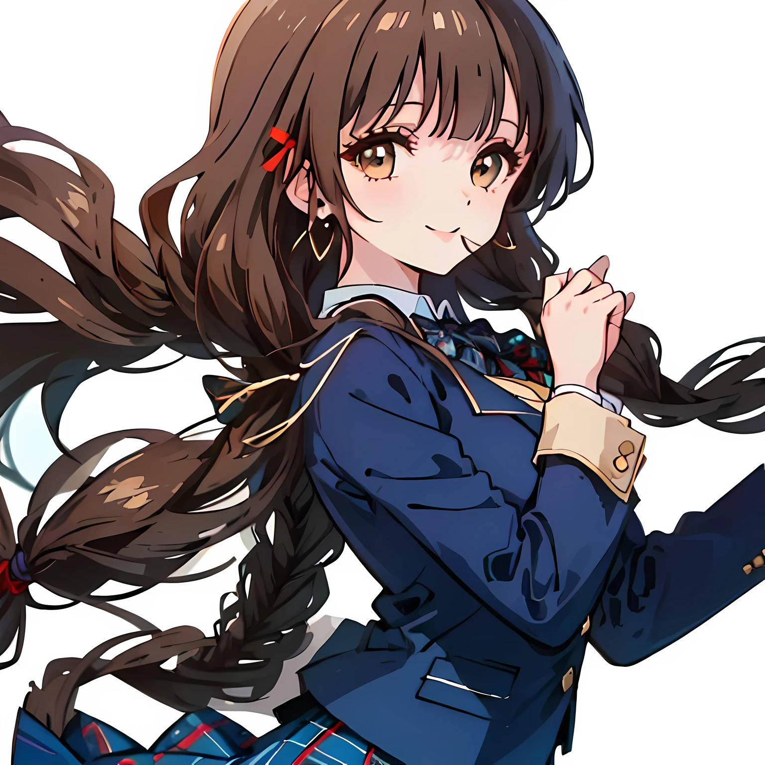 highest quality, (masterpiece:1.2), High resolution, perfect pixel, Three so beautiful sirens, , (((big very detailed beautiful dark brown eyes))), ((girly large wine-red glossy polyester Japanese school ribbon bow tie)), ((((very beautiful long straight straight hair)))), ((((dark blue & deep navy colored tartan checkered formal skirt)))), ((A formal dark blue blazer that is slightly oversized and has an emblem on the left chest.)), ((Looking up at the viewer and smiling)), Very fun, Very happy, mouth is open, the skirt is so cute, detailed fingers, modest chest, ((curled bangs)), ((Lip balm)), so beautiful, long eyelashes, (((Touching your hair with your hands))), ((Showing viewers the beauty of straight hair)), ((very big girly hair ribbons)), ((Impressive and very beautiful eyes)), (((shot from the side))), double eyelids, The entire skirt is photographed, ((Showing viewers the beauty of straight hair)), Lovely heart-shaped golden earrings, very kind face