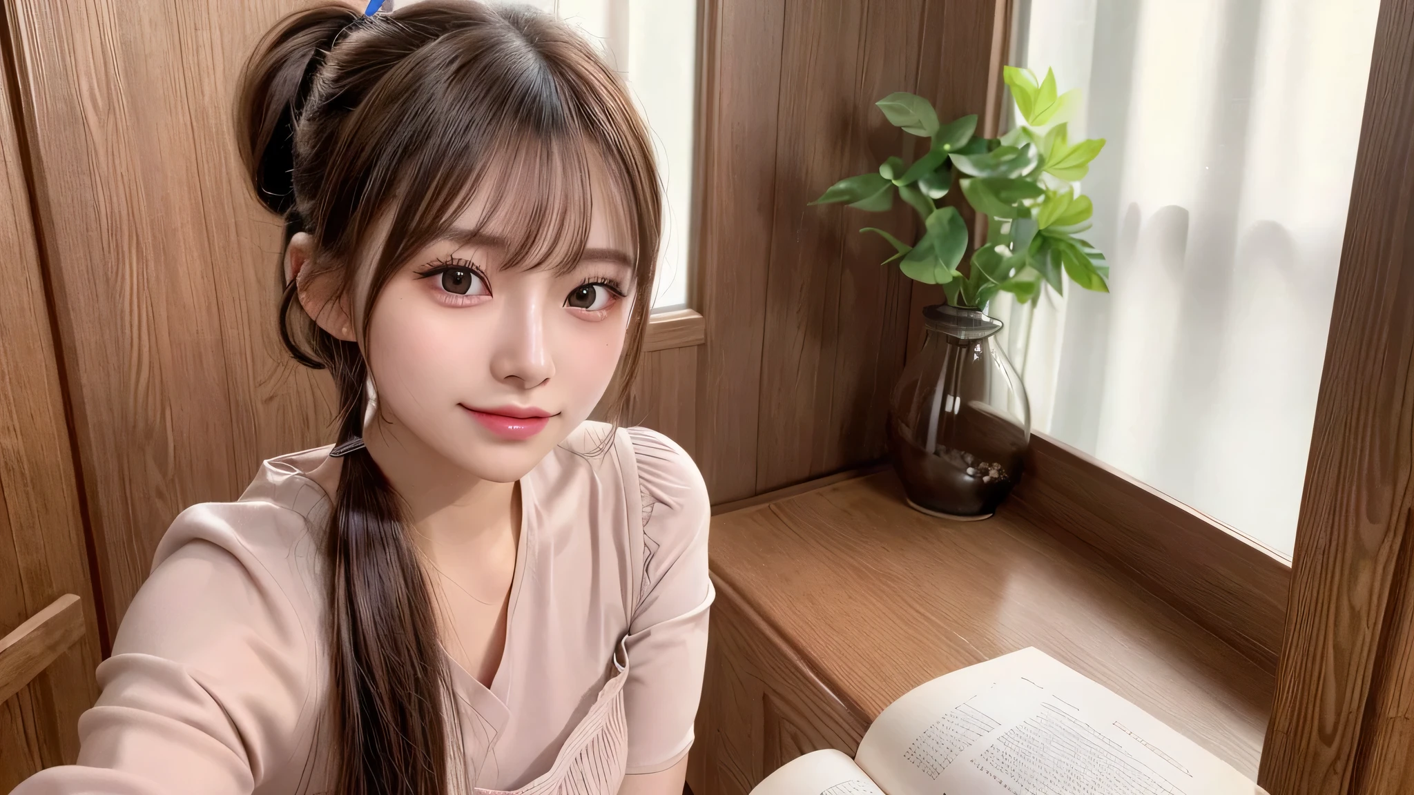 only one,One woman,Room at home, studying at a desk, sitting in a chair, reading a book,blush,small breasts,14 years old,long hair ponytail,((8K, Raw photo, best quality, muste piece:1.2), (Reality, photorealistic:1.4), (Highly detailed 8K wallpaper), Depth of the bounds written, cinematic lighting, soft light, detailed beauty eye,Shiny and smooth light brown ponytail, asymmetrical bangs, shiny skin, super detailed skin ,high resolution, high detail, detailed hairstyle, detailed beauty face, hyper real, perfect limbs, perfect anatomy ,1 Japanese girl,famous japanese idol, perfect female body,shy smile,short eyelashes,double-edged eyelids,look straight here,Hair style is ponytail、Neat clothes