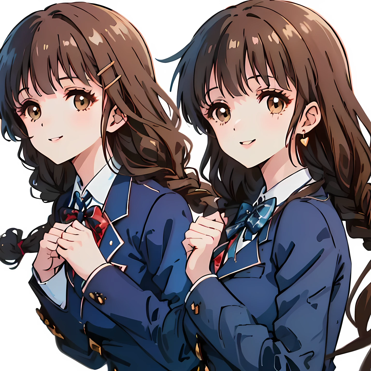 highest quality, (masterpiece:1.2), High resolution, perfect pixel, Three so beautiful sirens, 16 years old, (((big very detailed beautiful dark brown eyes))), ((girly large wine-red glossy polyester Japanese school ribbon bow tie)), ((((very beautiful long straight straight hair)))), ((((dark blue & deep navy colored tartan checkered formal skirt)))), ((A formal dark blue blazer that is slightly oversized and has an emblem on the left chest.)), ((Looking up at the viewer and smiling)), Very fun, Very happy, mouth is open, the skirt is so cute, detailed fingers, modest chest, ((curled bangs)), ((Lip balm)), so beautiful, long eyelashes, (((Touching your hair with your hands))), ((Showing viewers the beauty of straight hair)), ((very big girly hair ribbons)), ((Impressive and very beautiful eyes)), (((shot from the side))), double eyelids, The entire skirt is photographed, ((Showing viewers the beauty of straight hair)), Lovely heart-shaped golden earrings, very kind face