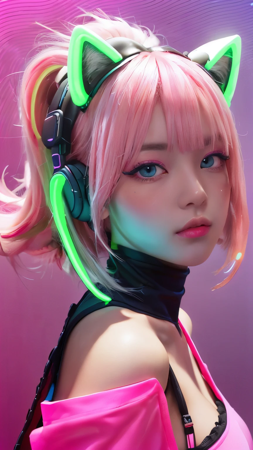 (Neon pink thema:1.2), masterpiece, highest quality, 4K, (Photorealistic), bokeh, enlightenment,(1 perfect portrait of a girl), (A fascinating eye for perfect detail:1.2), colorful hair, (gradient hair), (neon pink soft hair:1.6), (Cat ear:1.2), fantasy background, (exposed bare shoulders), (long-term alienation sleeve), (lean forward a little), head tilt, (movie lighting:1.2), oversized clothes, (seductive pose:1.4), (neon pink background:1.6), blue beautiful eyes, close up,